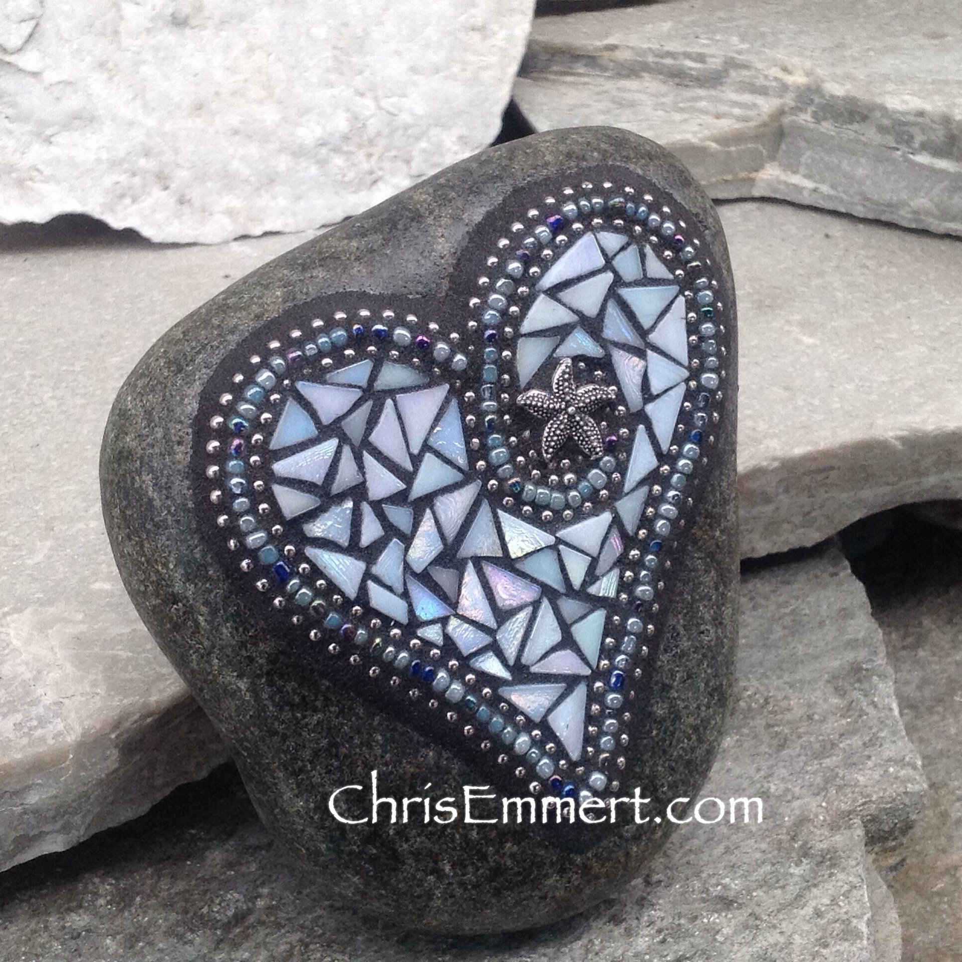 Iridescent Light Blue Mosaic Heart, Mosaic Garden Stone, Gardner Gift, Garden Decor, Mosaic Rock
