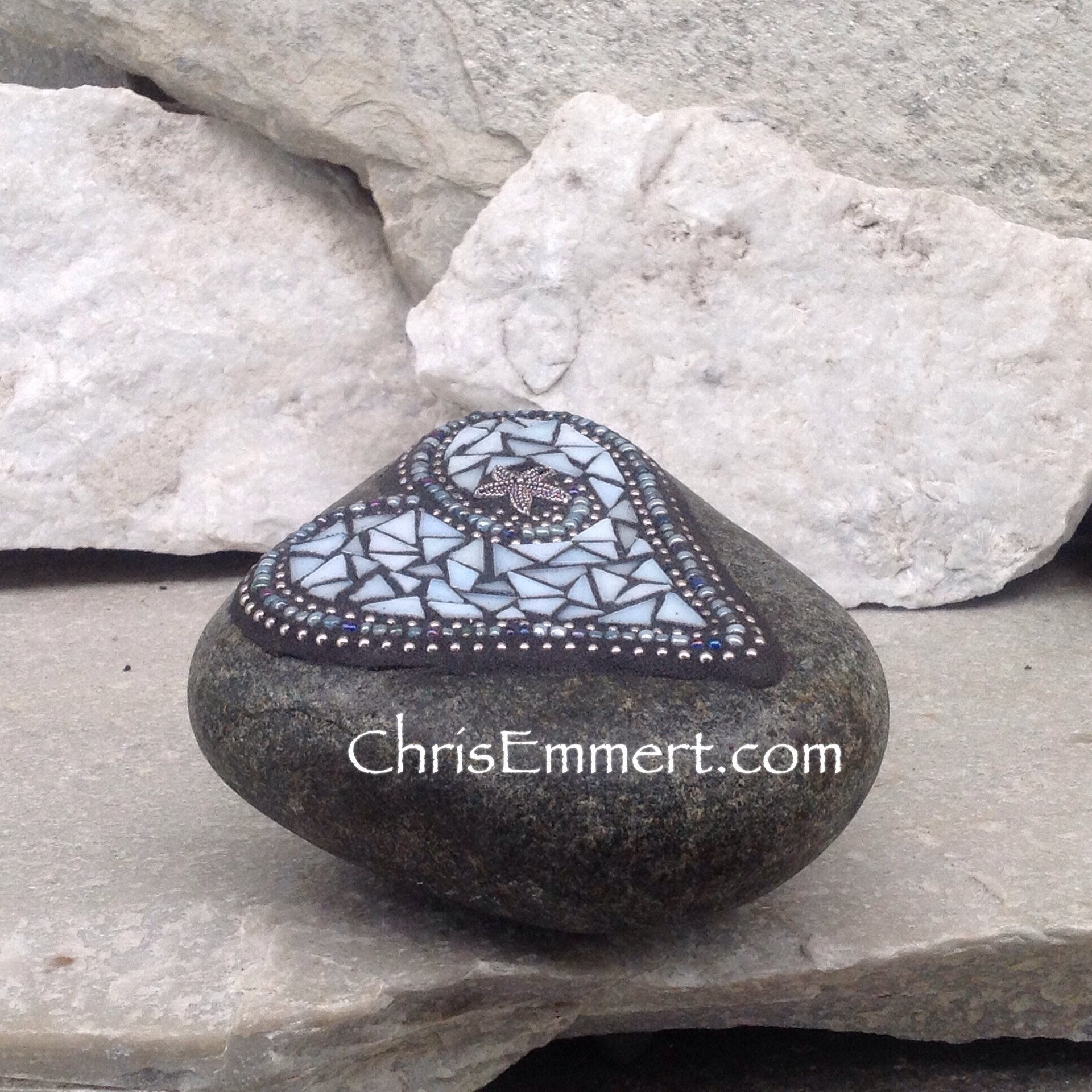 Iridescent Light Blue Mosaic Heart, Mosaic Garden Stone, Gardner Gift, Garden Decor, Mosaic Rock