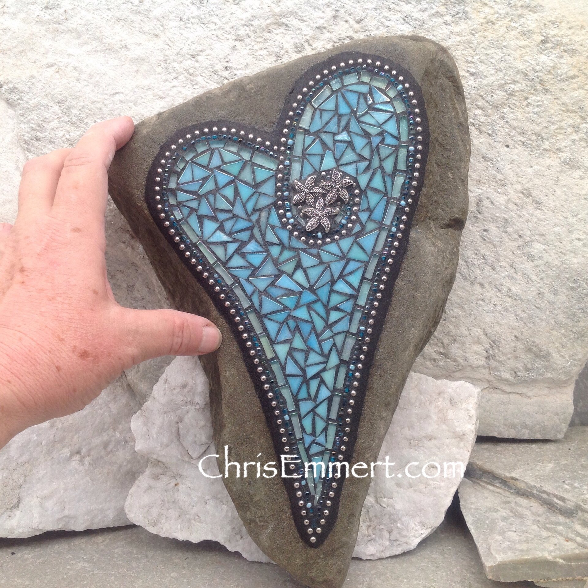 Large Iridescent Blue Mosaic Heart, Mosaic Garden Stone, Gardner Gift, Garden Decor, Mosaic Rock