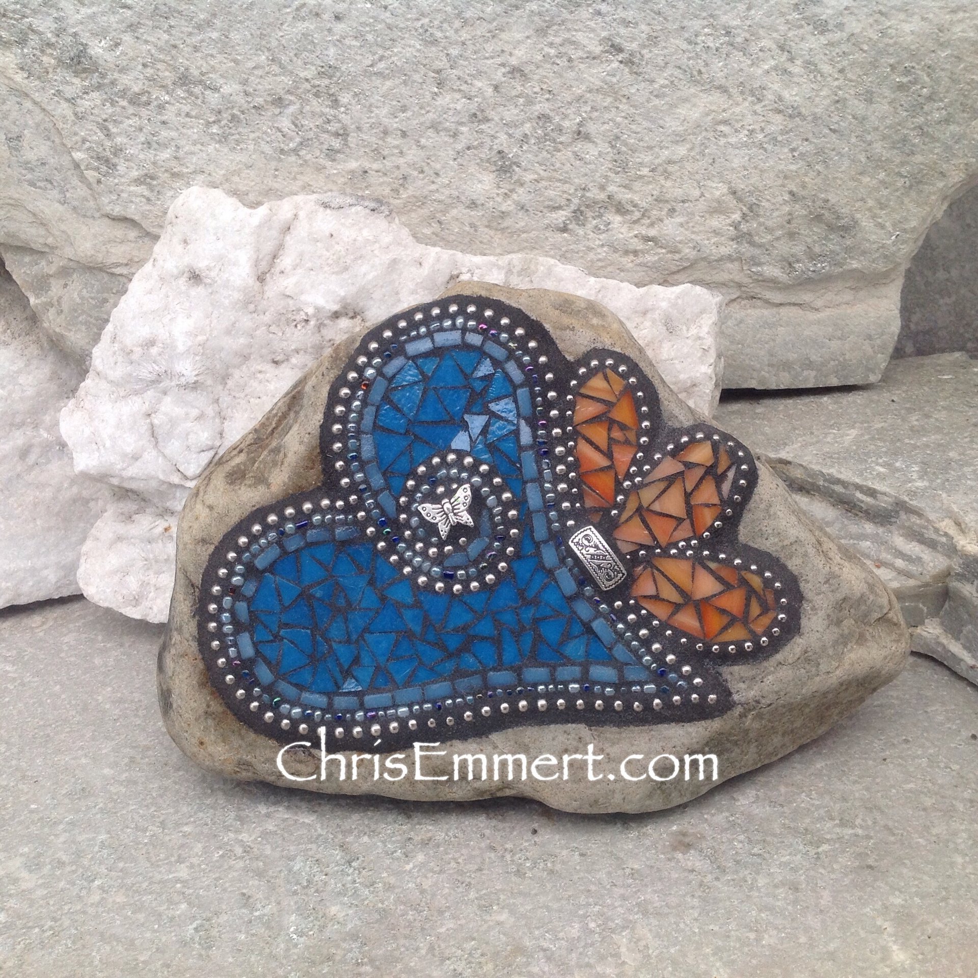 Mosaic Heart, Mosaic Rock, Mosaic Garden Stone, Cornflower Blue,  Garden Rock, Home Decor, Gardener Gift