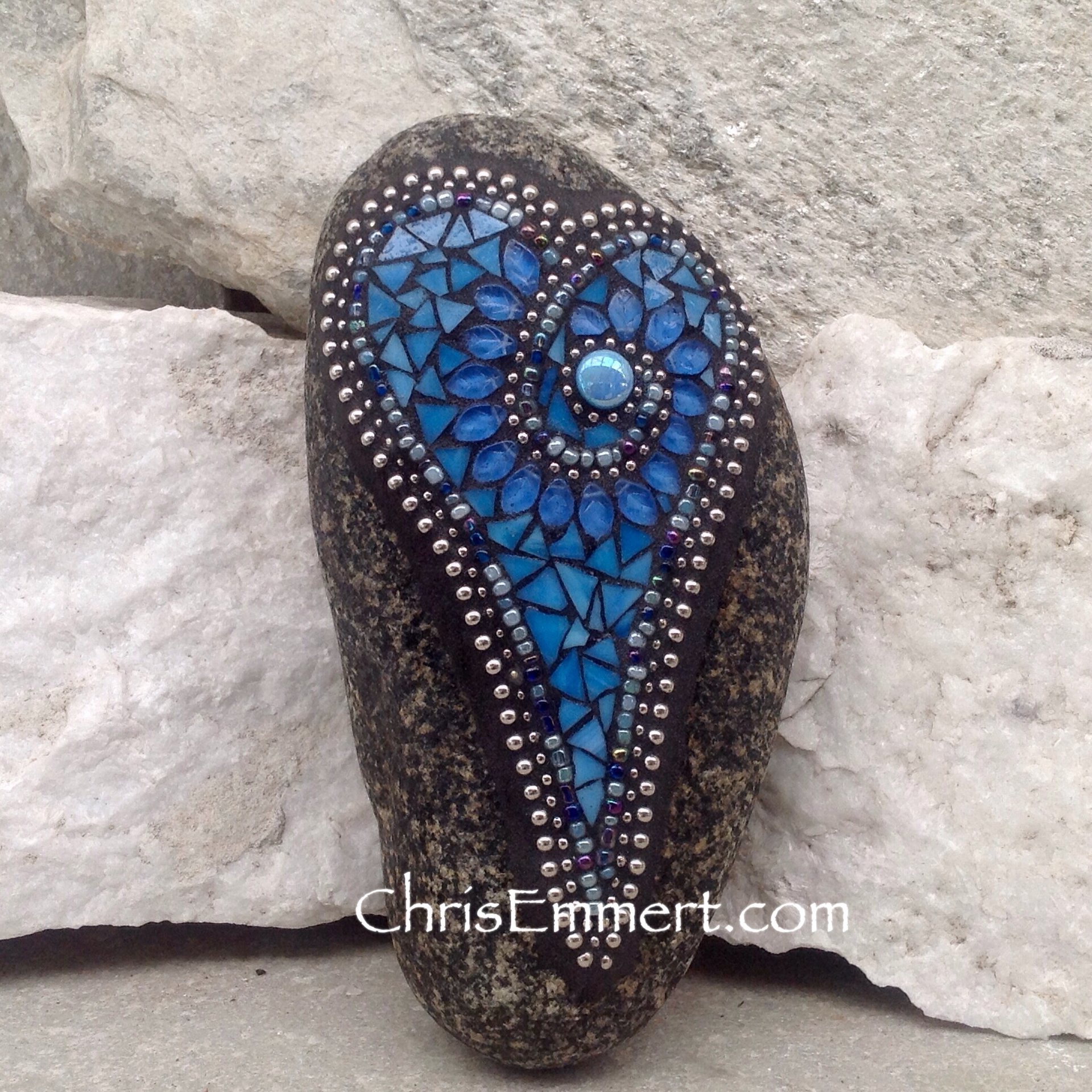 Blue Leaf Heart, Garden Stone, Mosaic, Garden Decor