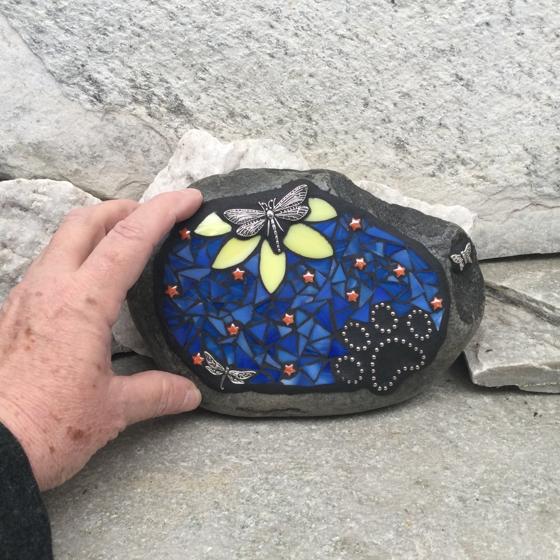 Pet Memorial, Yellow Flower, Orange Stars, Black Paw Print - Dragonfly, Garden Stone, Garden Decor