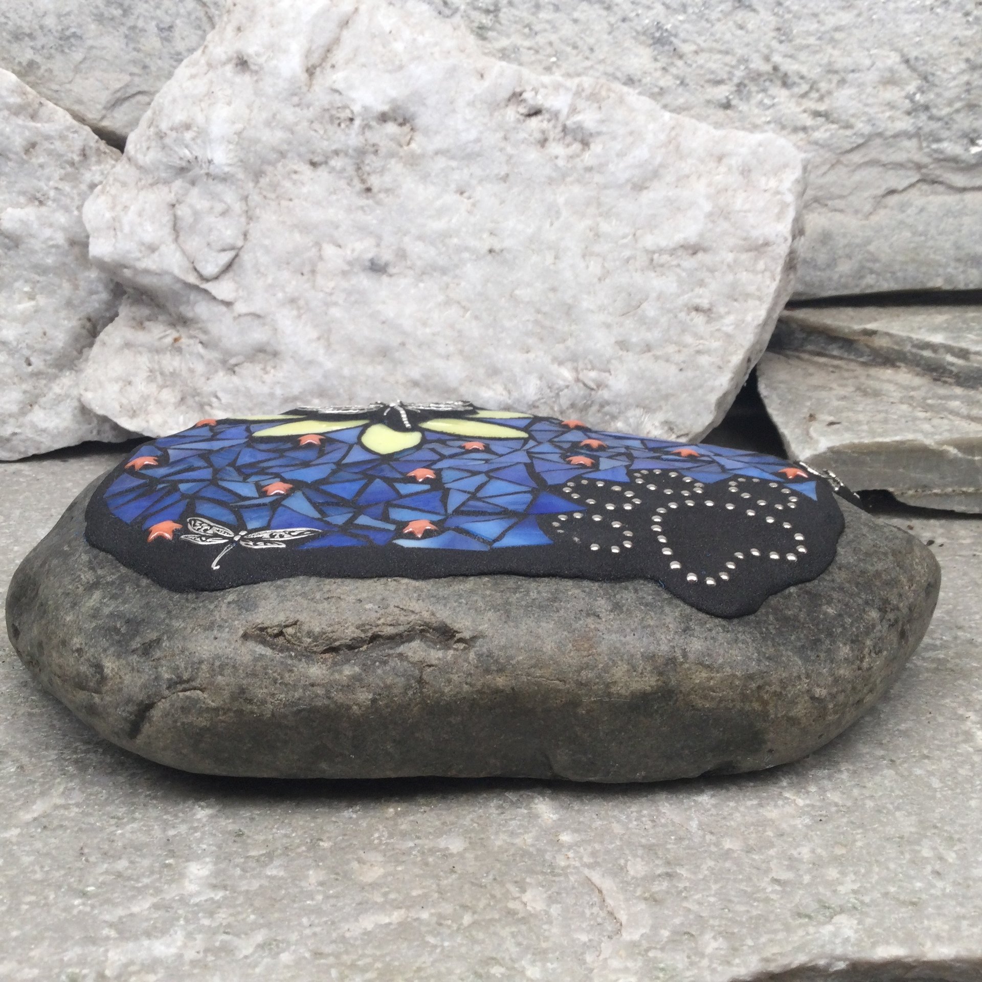 Pet Memorial, Yellow Flower, Orange Stars, Black Paw Print - Dragonfly, Garden Stone, Garden Decor