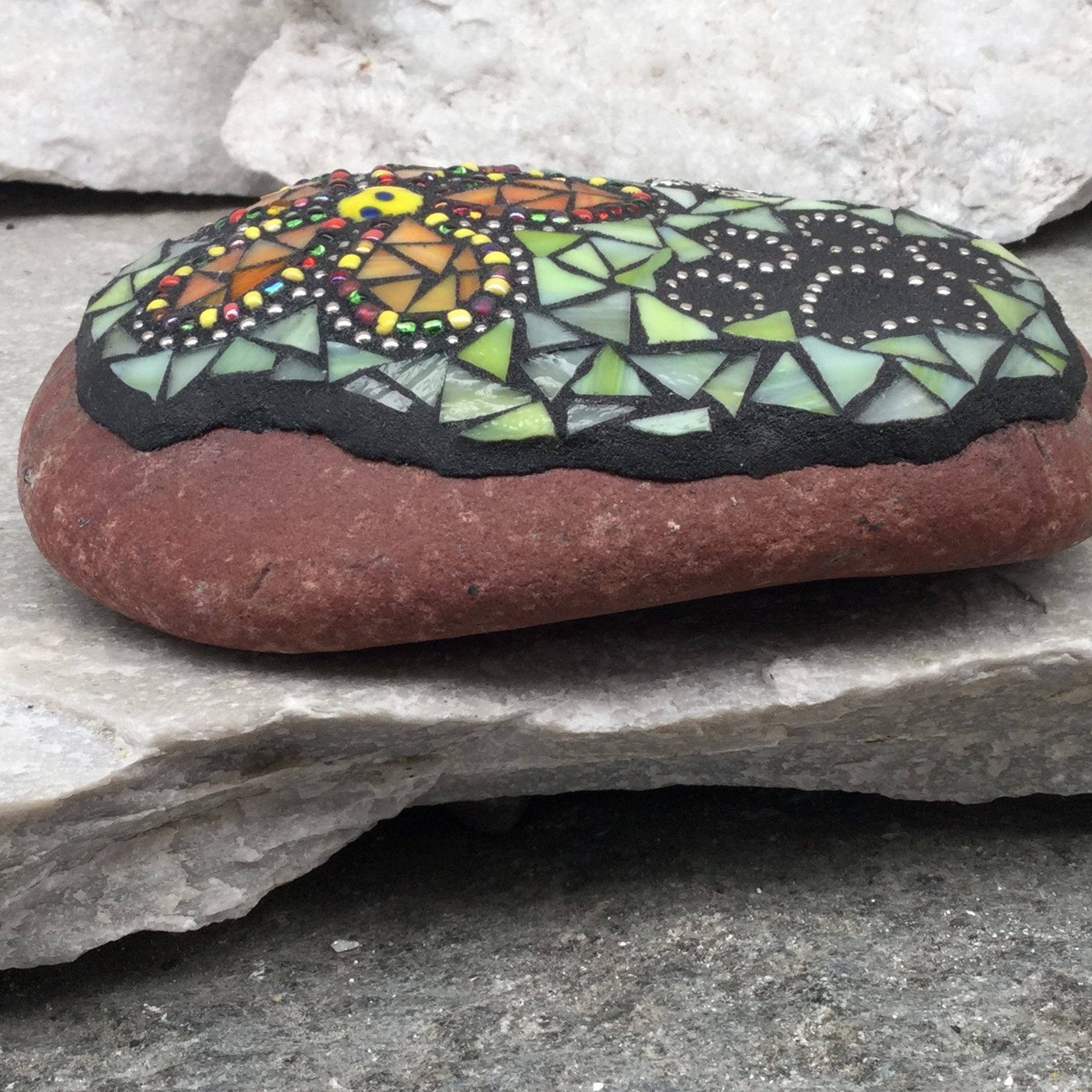 Orange Flower w/Green, Black Paw Print - Garden Stone, Pet Memorial, Garden Decor'