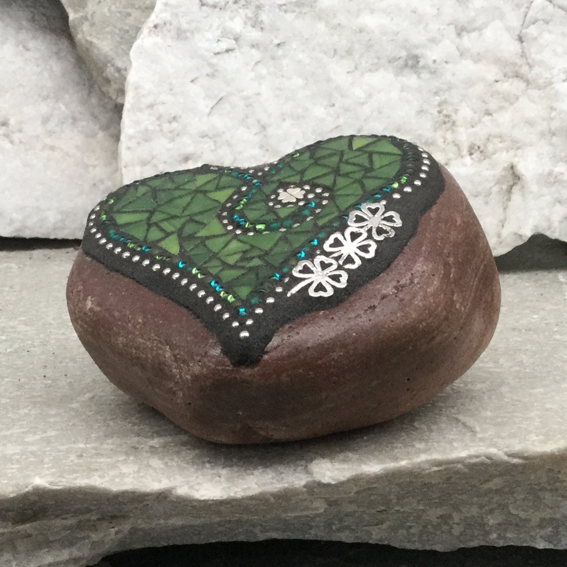 Green Mosaic Heart, Mosaic Rock, Mosaic Garden Stone, Home Decor, Gardening, Gardening Gift,