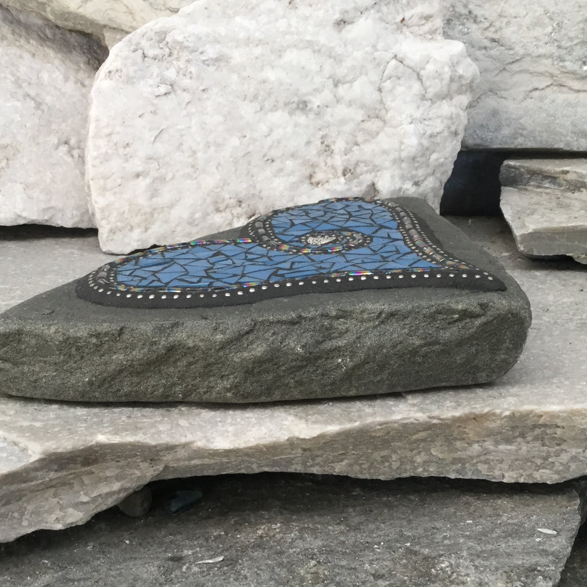 Mosaic Heart, Mosaic Rock, Mosaic Garden Stone, Cornflower Blue,