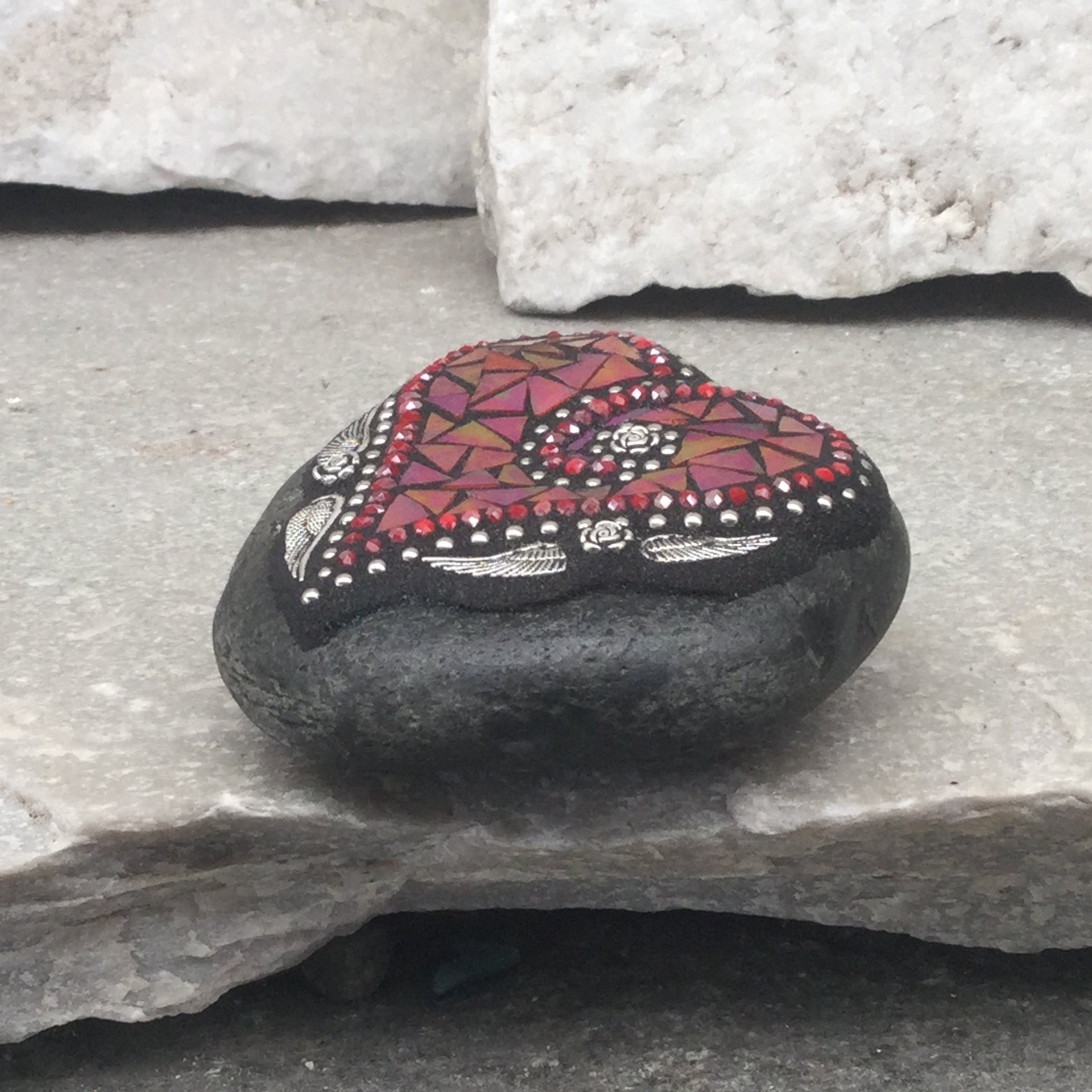 Red Valentine Heart, Angel Wings, Mosaic Paperweight / Garden Stone