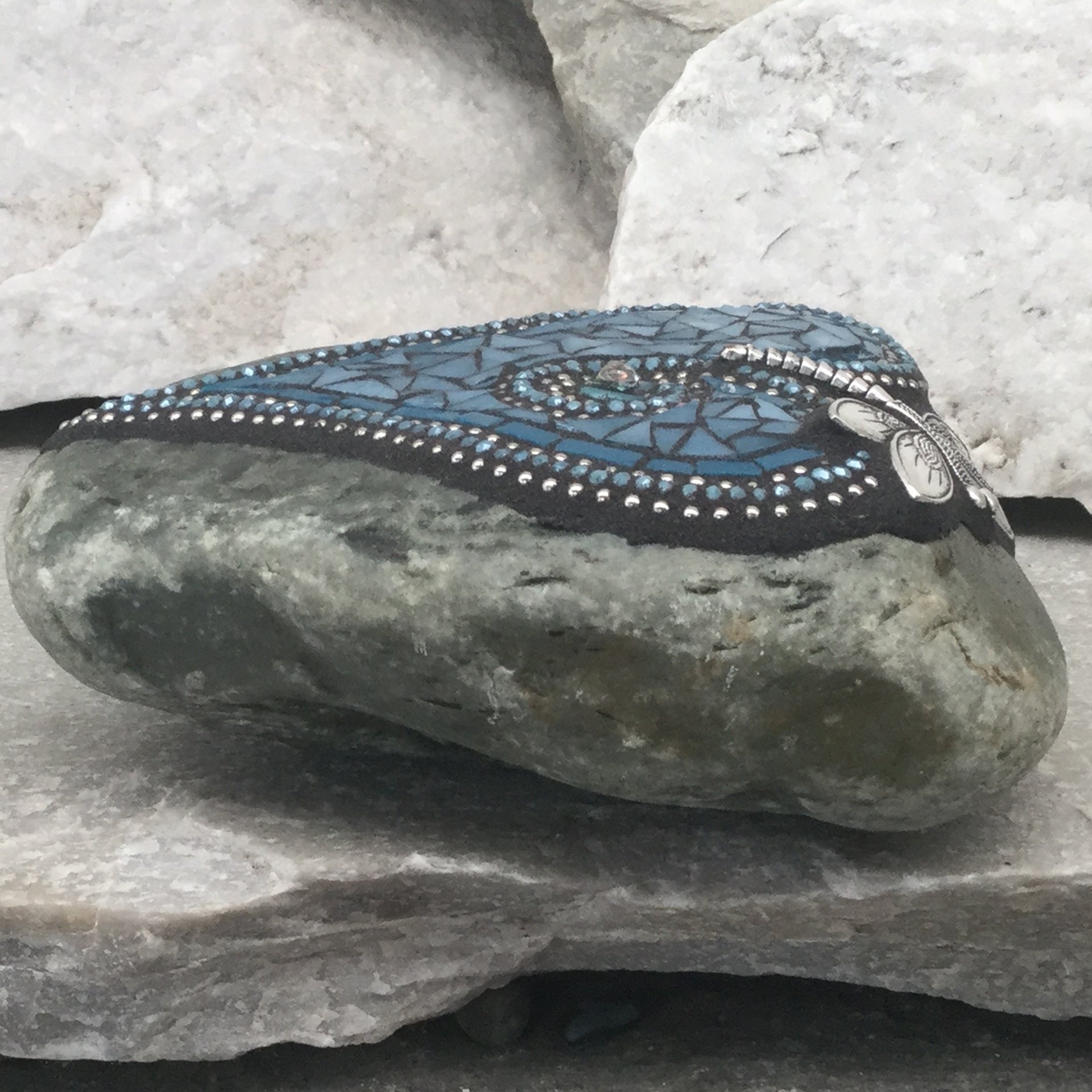 Denim Blue Dragonfly Heart, Garden Stone, Mosaic, Garden Decor