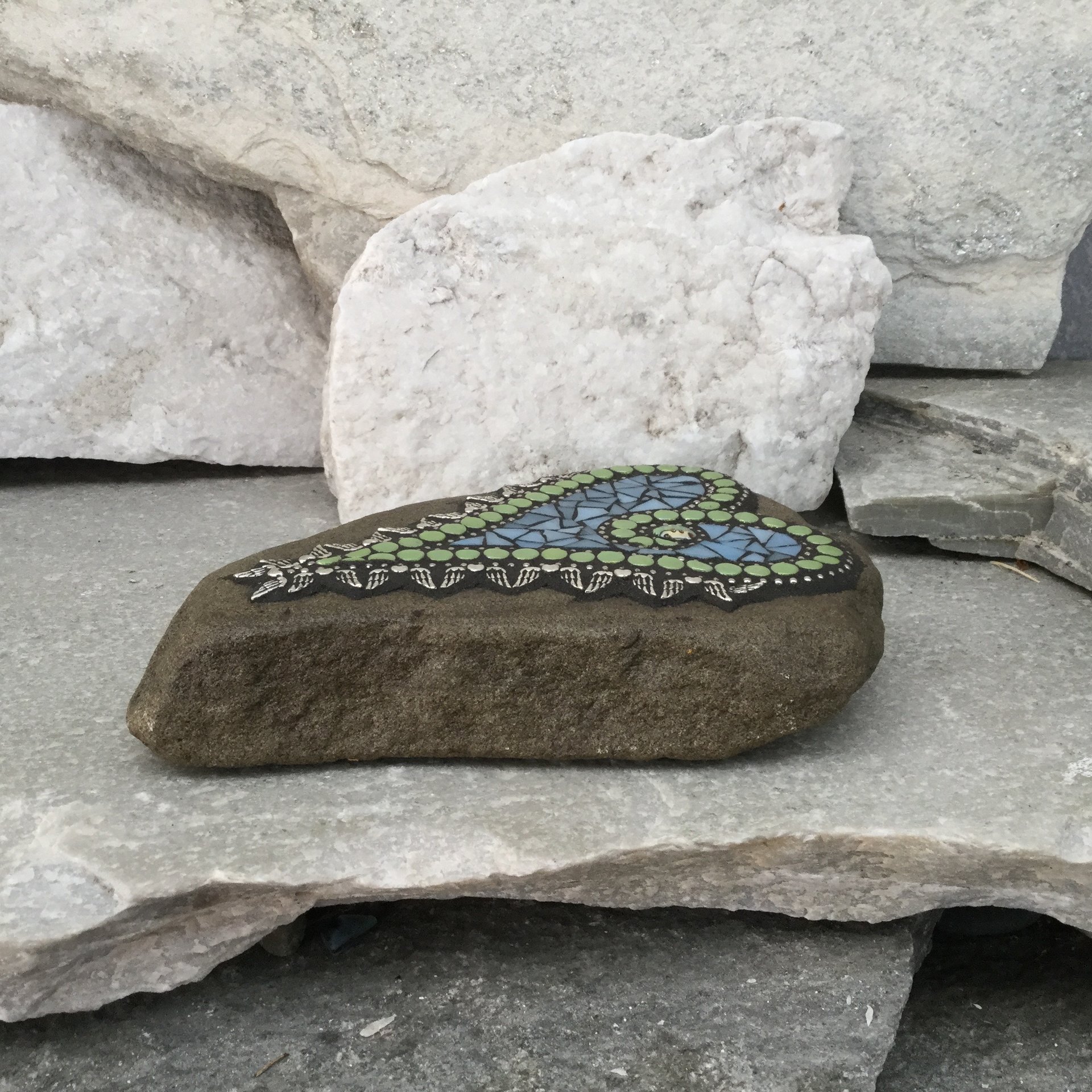 Blue and Green Angel Wing Mosaic Heart, Mosaic Rock, Garden Stone, Home Decor, Gardener Gift, Garden Decor,