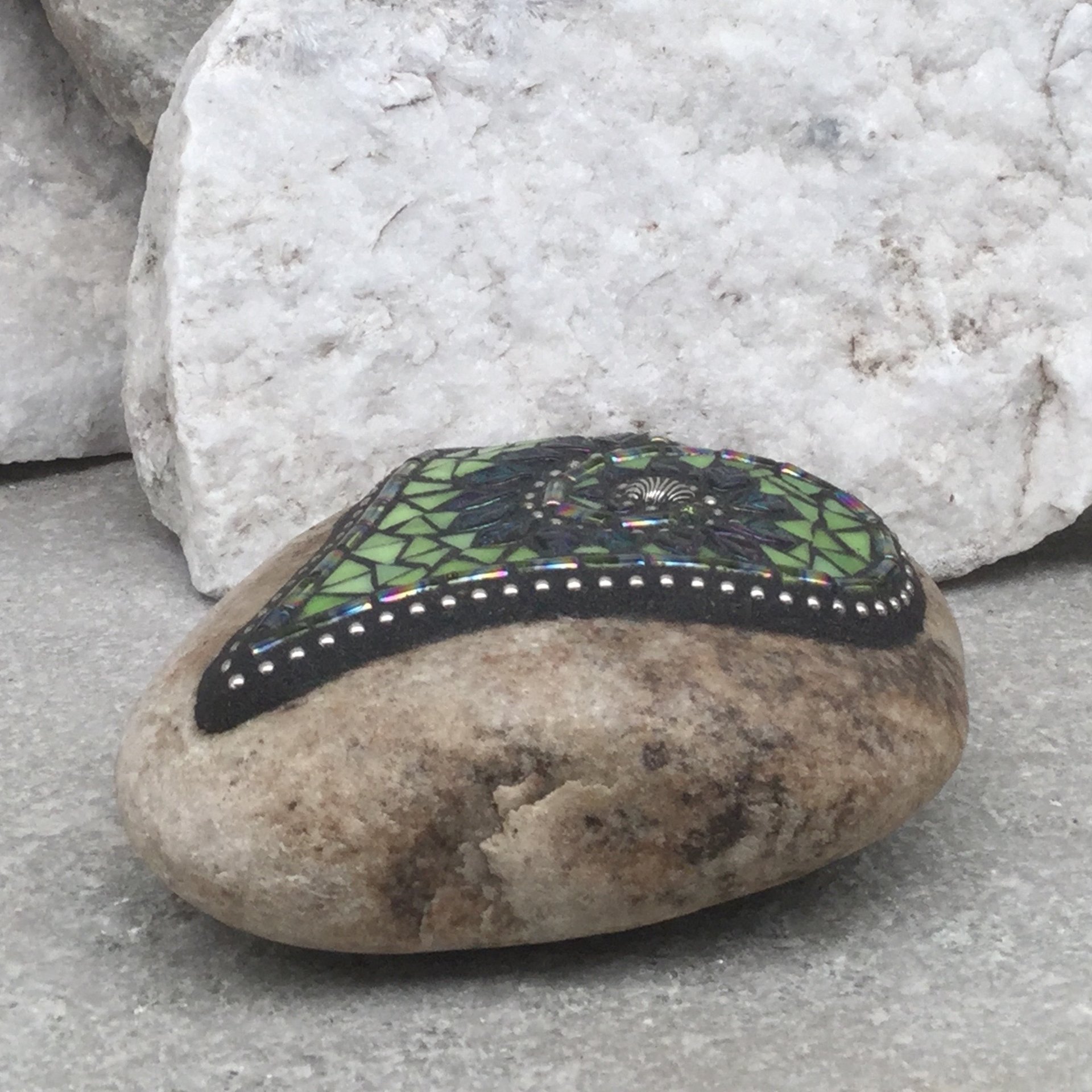 Lime Green Leaf Heart, Garden Stone, Mosaic, Garden Decor