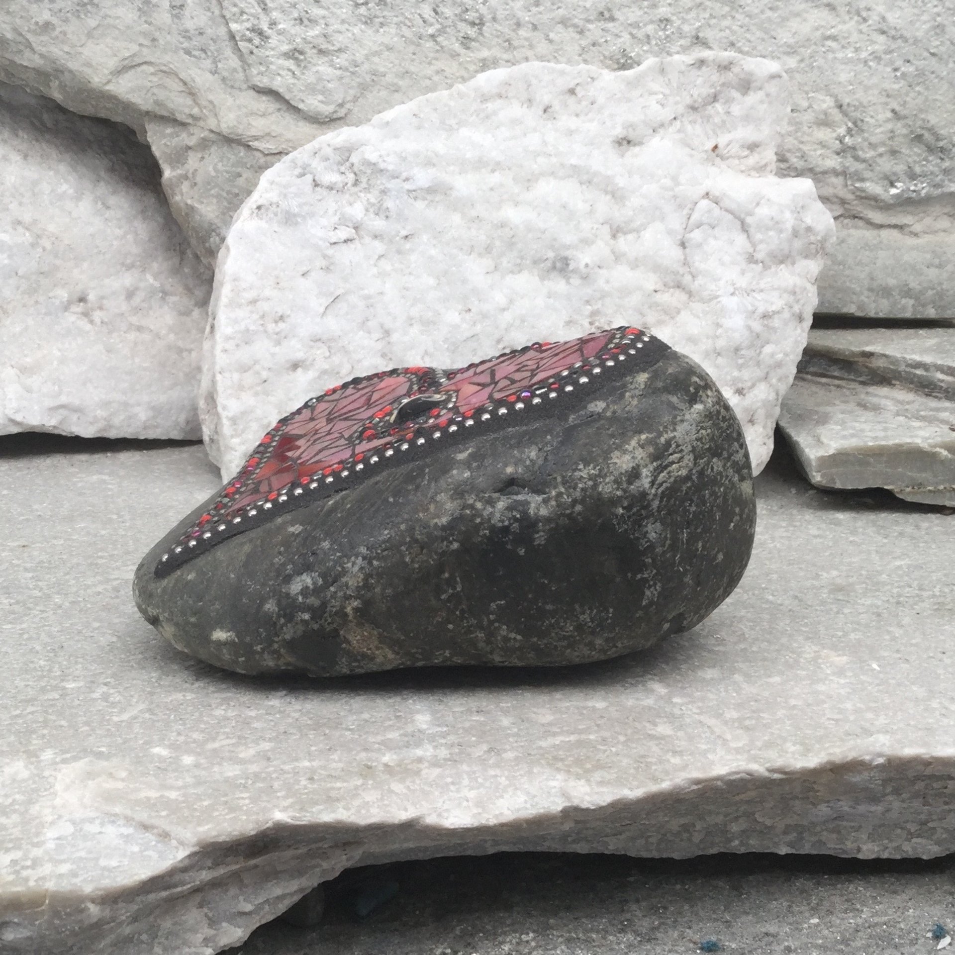 Iridescent Red Mosaic Heart, Mosaic Rock, Mosaic Garden Stone,