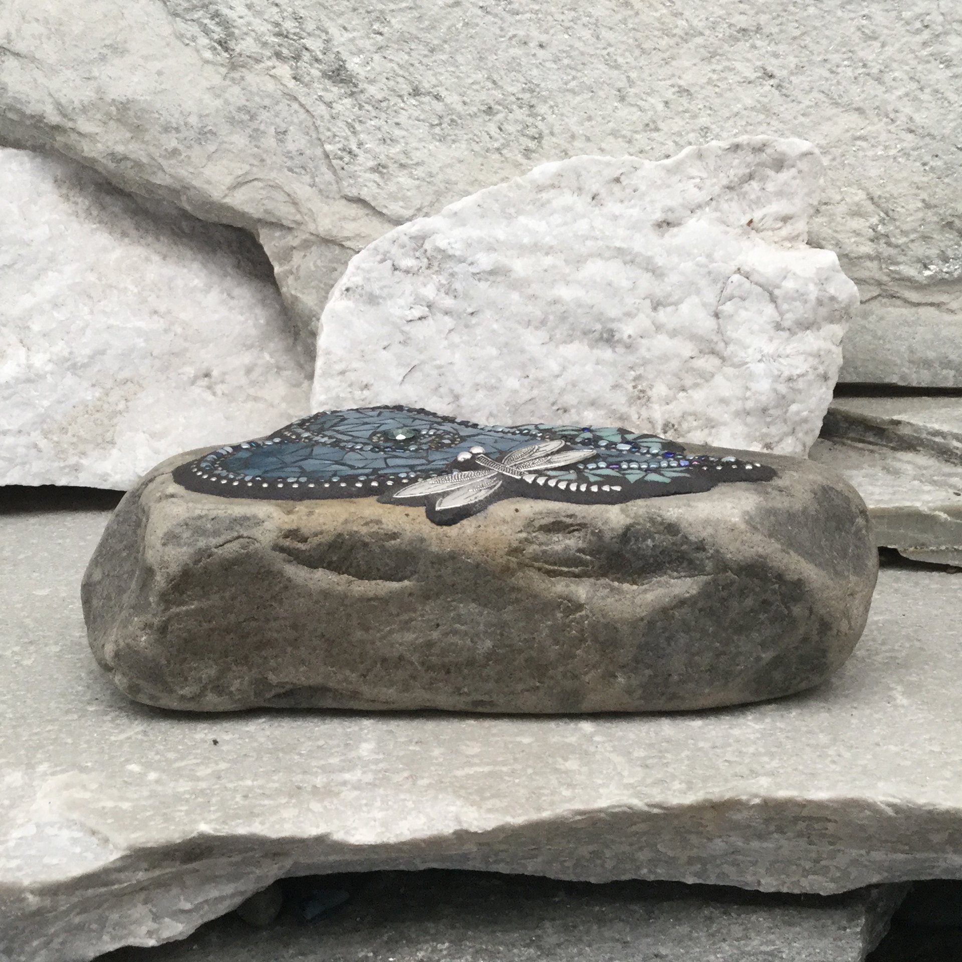 Denim Blue Heart with Teal Blue Flowers, Dragonfly, Garden Stone, Mosaic, Garden Decor