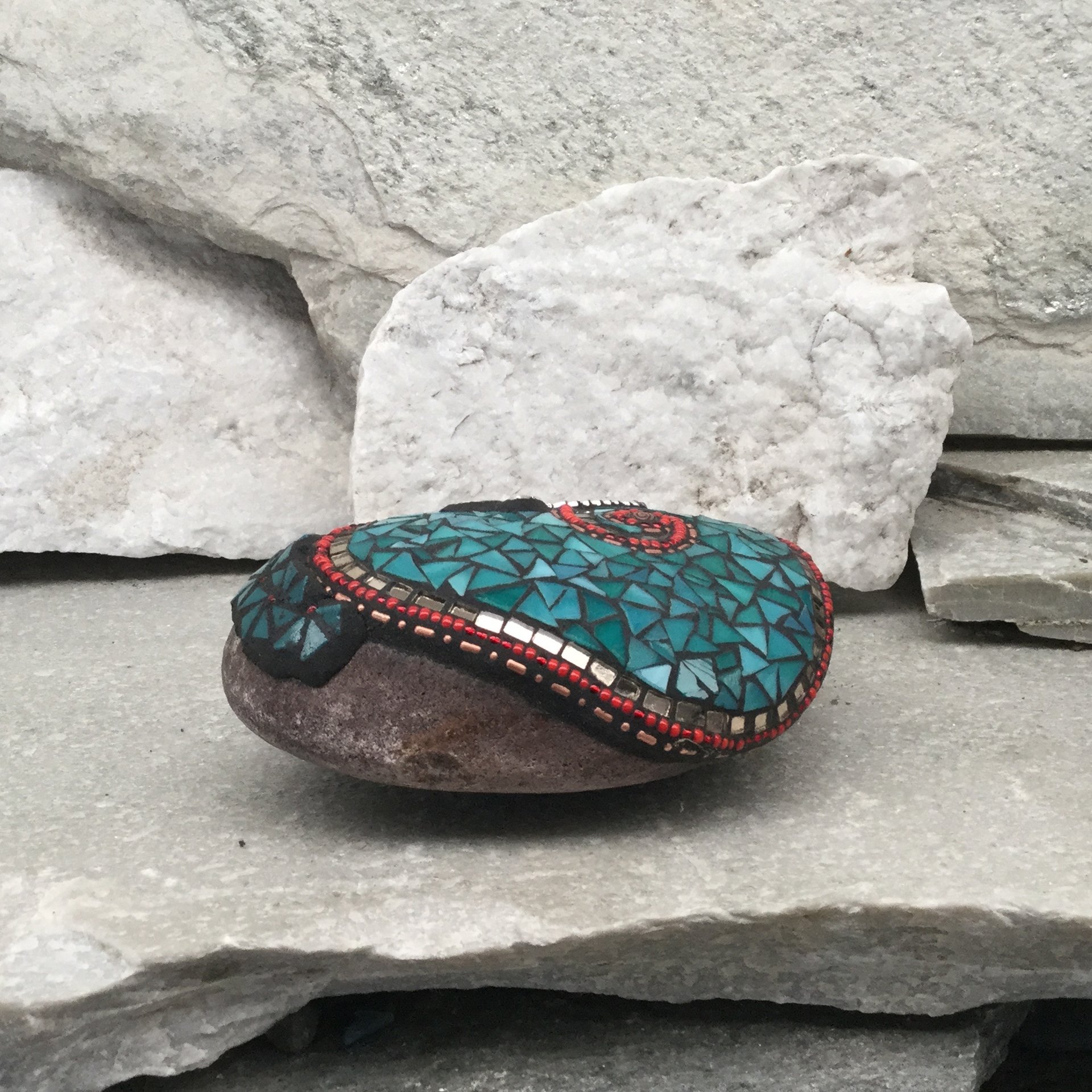 Turquoise Blue Heart with Teal Blue Flowers, Dragonfly, Garden Stone, Mosaic, Garden Decor