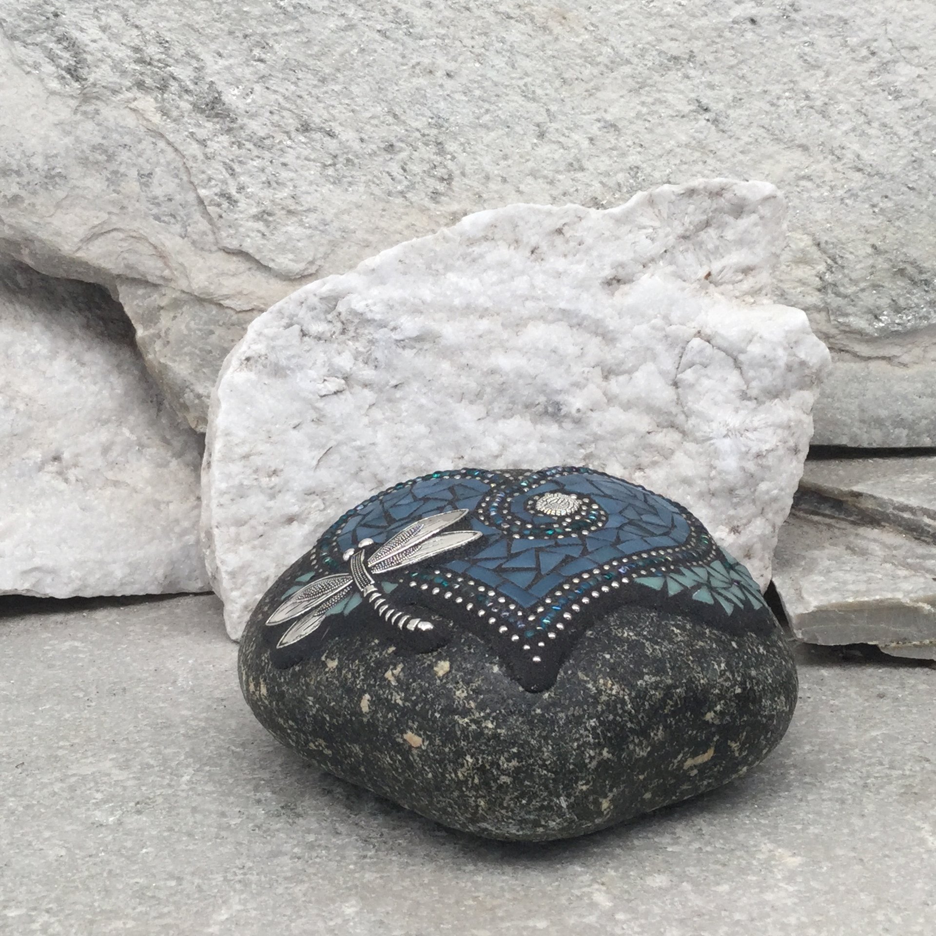 Denim Blue Heart with Teal Blue Flowers, Dragonfly, Garden Stone, Mosaic, Garden Decor