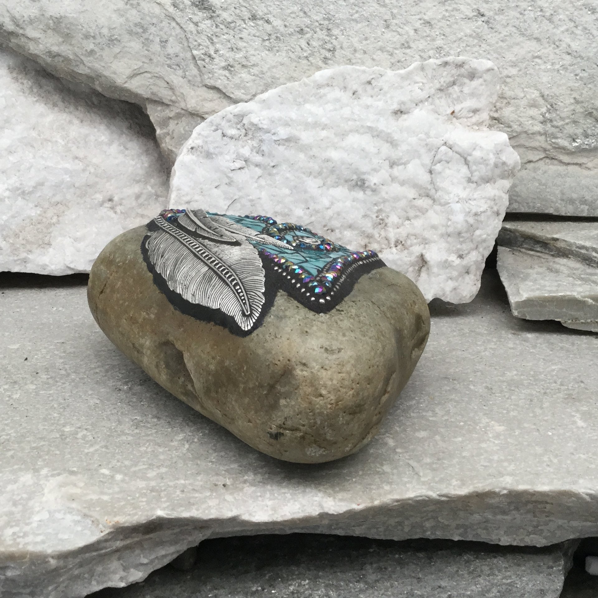 Turquoise Mosaic Heart, Feathers, Mosaic Rock, Mosaic Garden Stone,