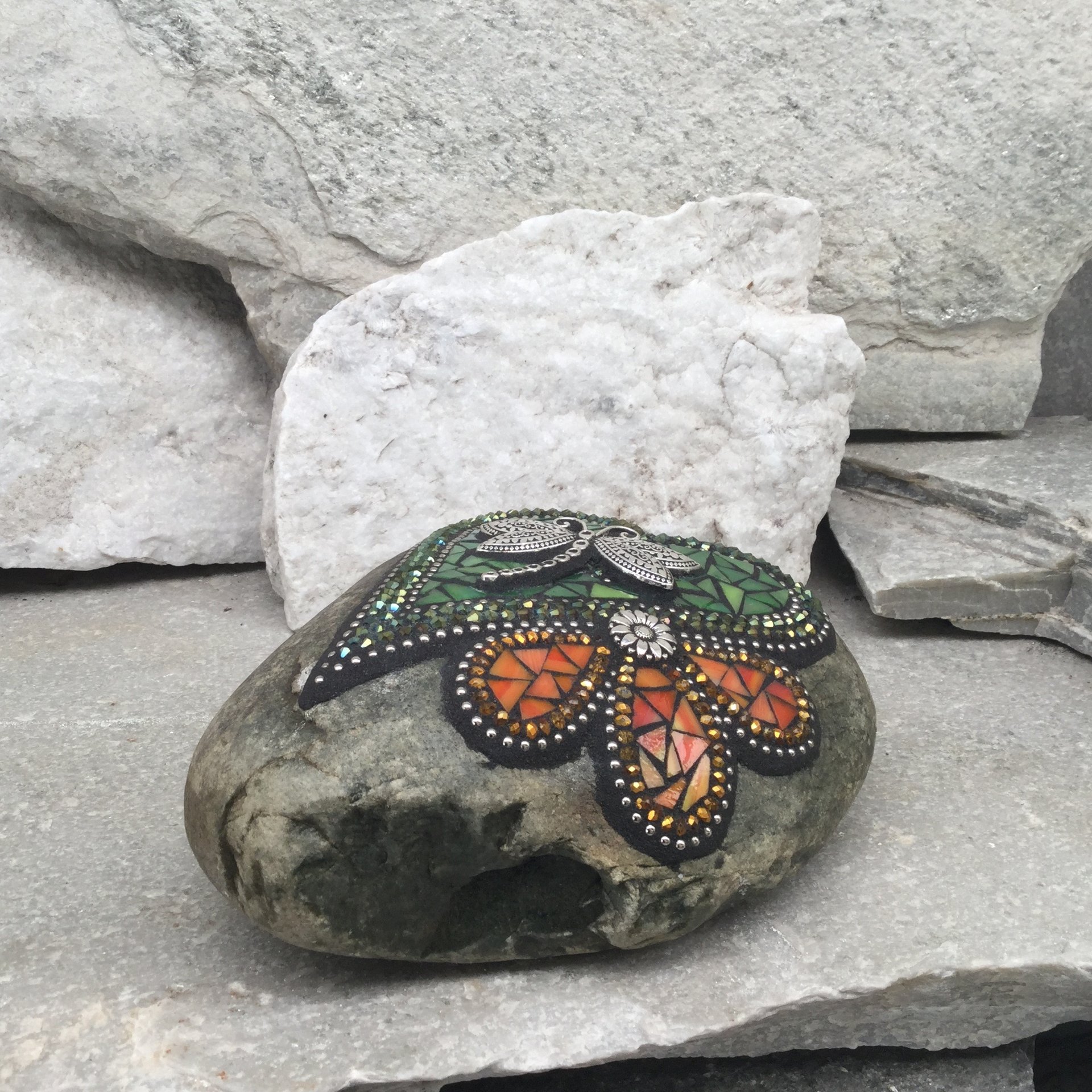 Iridescent Green Dragonfly Mosaic Heart, Mosaic Rock, Mosaic Garden Stone,