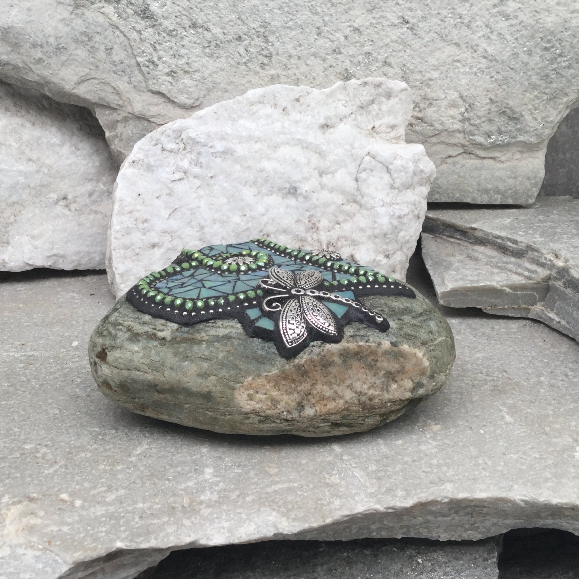 Blue-Green Dragonfly Mosaic Heart, Mosaic Rock, Mosaic Garden Stone,