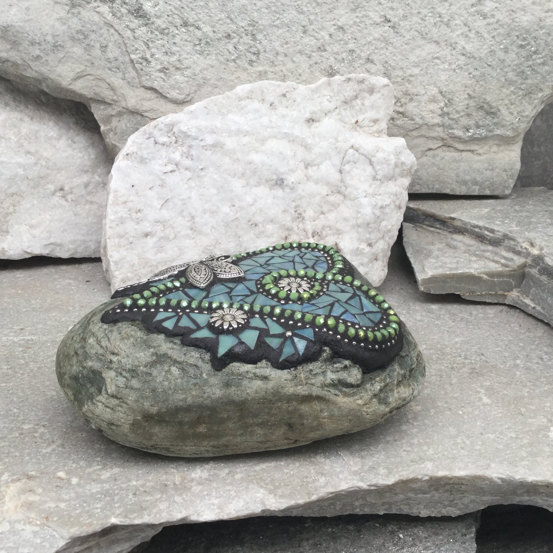 Blue-Green Dragonfly Mosaic Heart, Mosaic Rock, Mosaic Garden Stone,