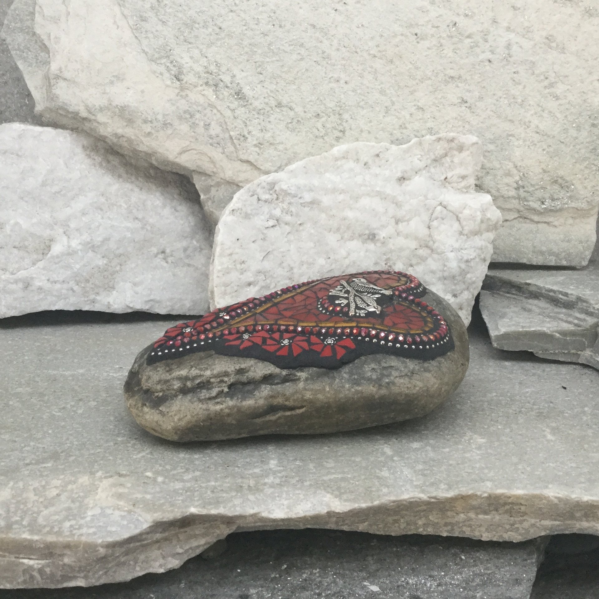 Red Heart with Birds and Flowers, Garden Stone, Mosaic, Garden Decor