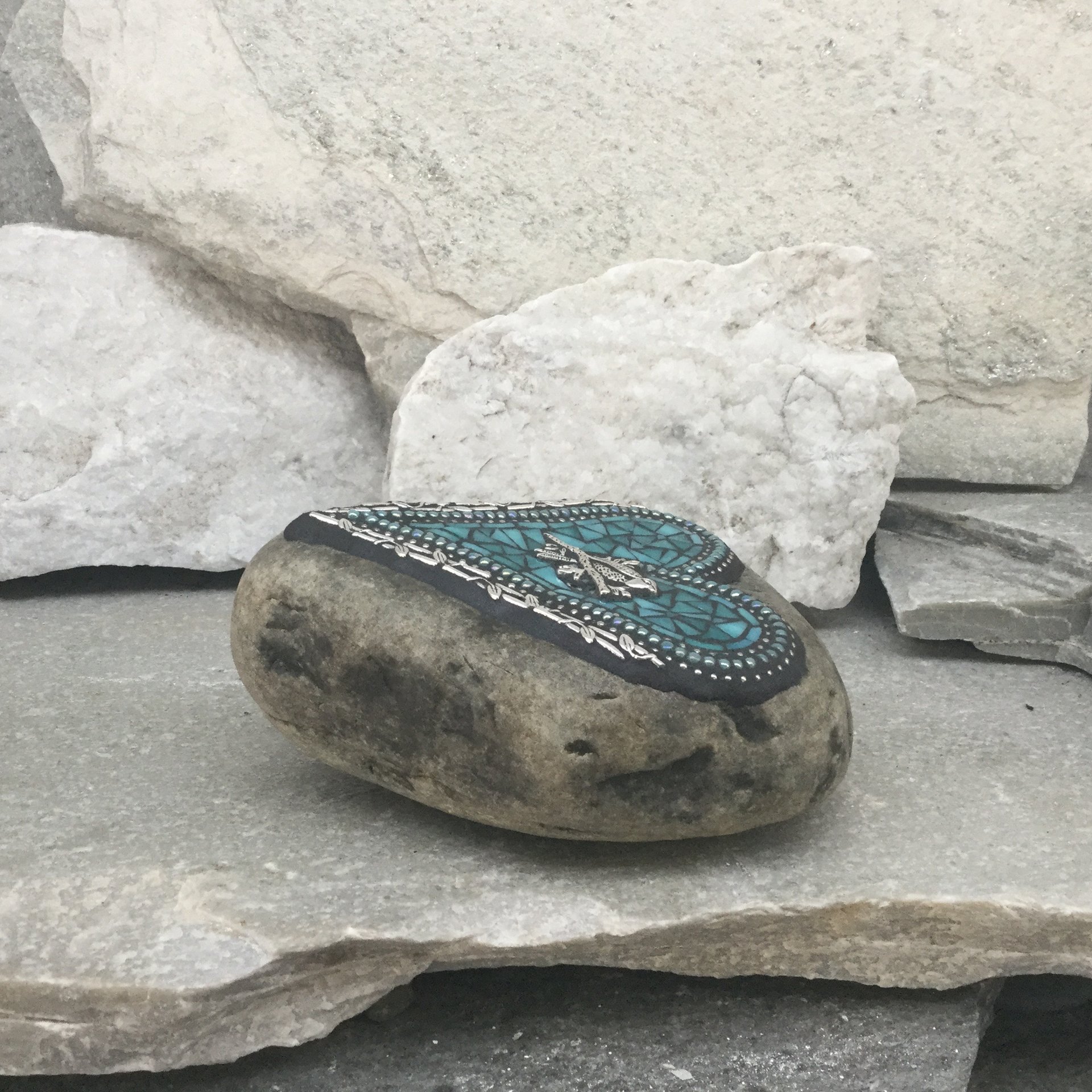 Turquoise Heart with Bird, Garden Stone, Mosaic, Garden Decor