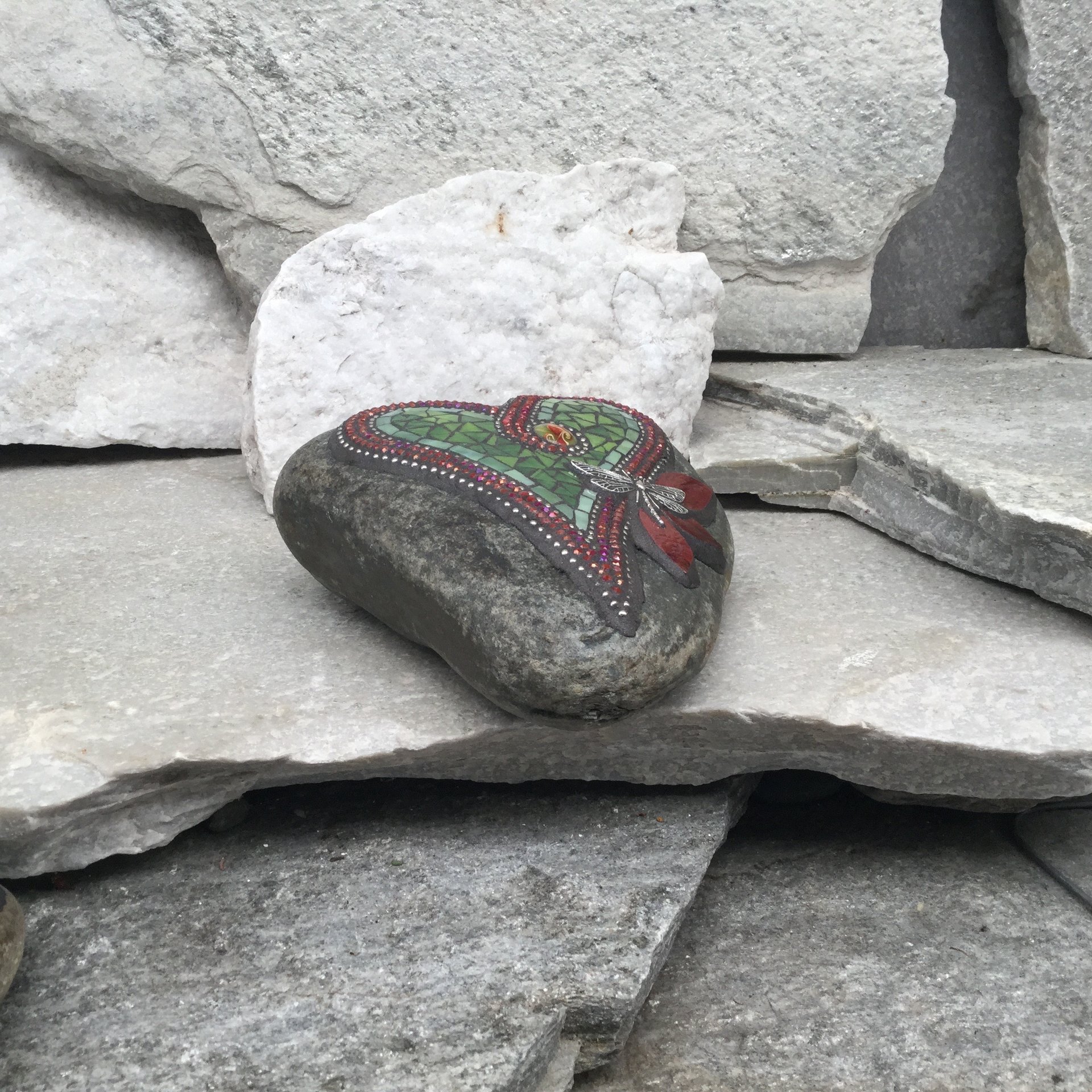 Green Dragonfly Mosaic Heart, Mosaic Rock, Mosaic Garden Stone,