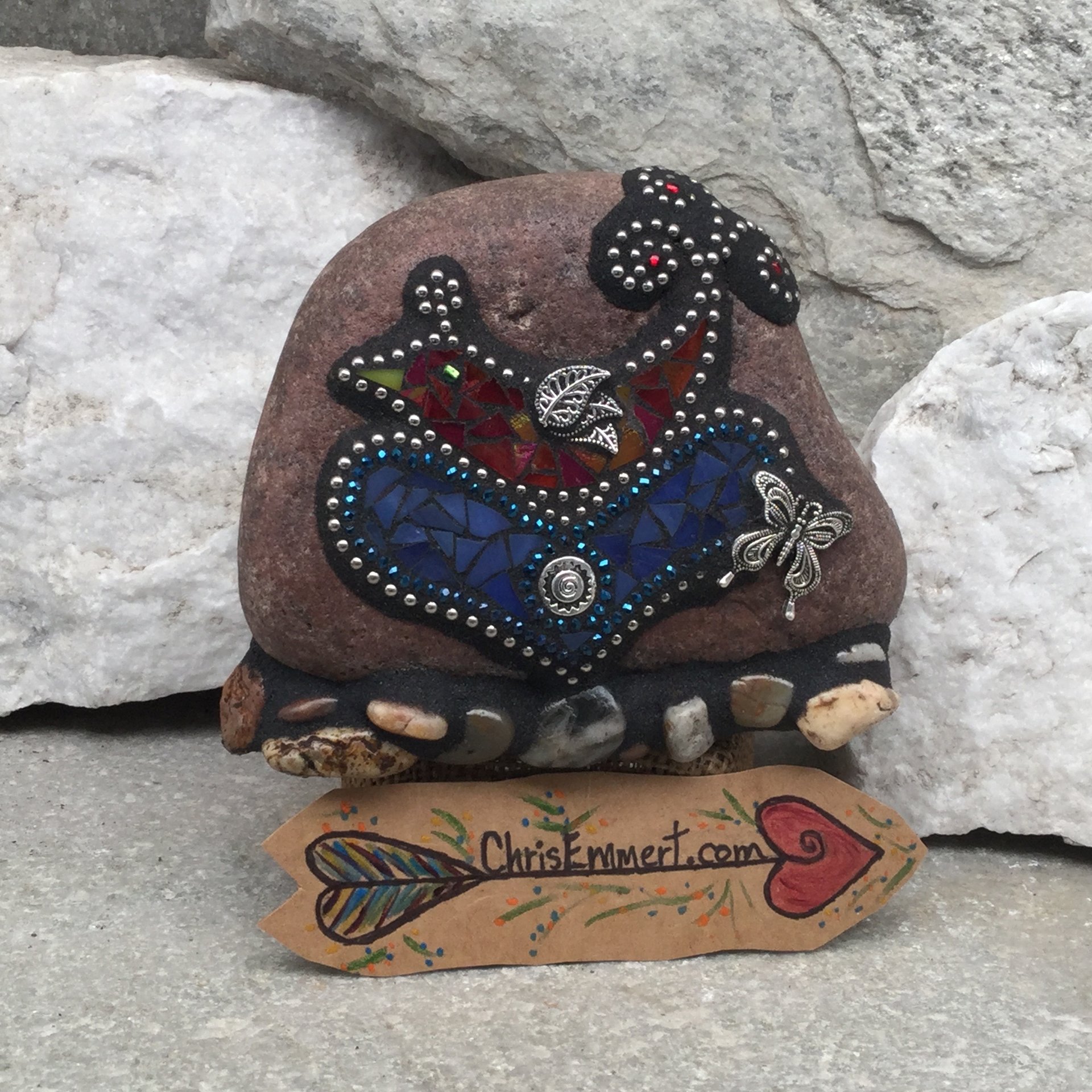 RedBird on a Blue Heart Mosaic -Garden Stone
