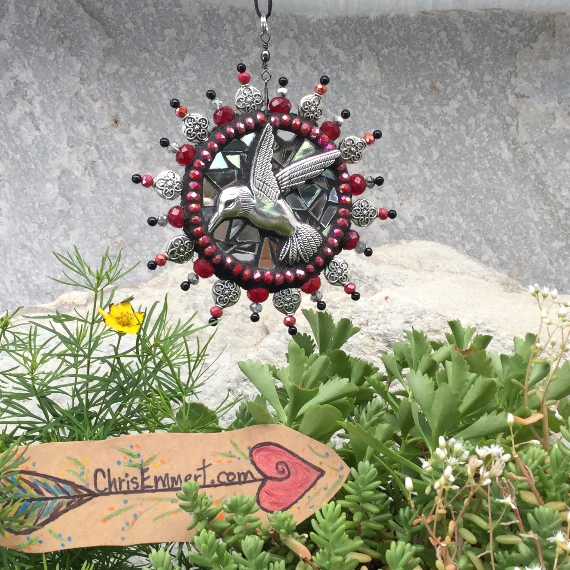 Humming Bird Garden Spinner, Pewter/Red Rays, Home Decor, Garden Decor, Gardening Gift,
