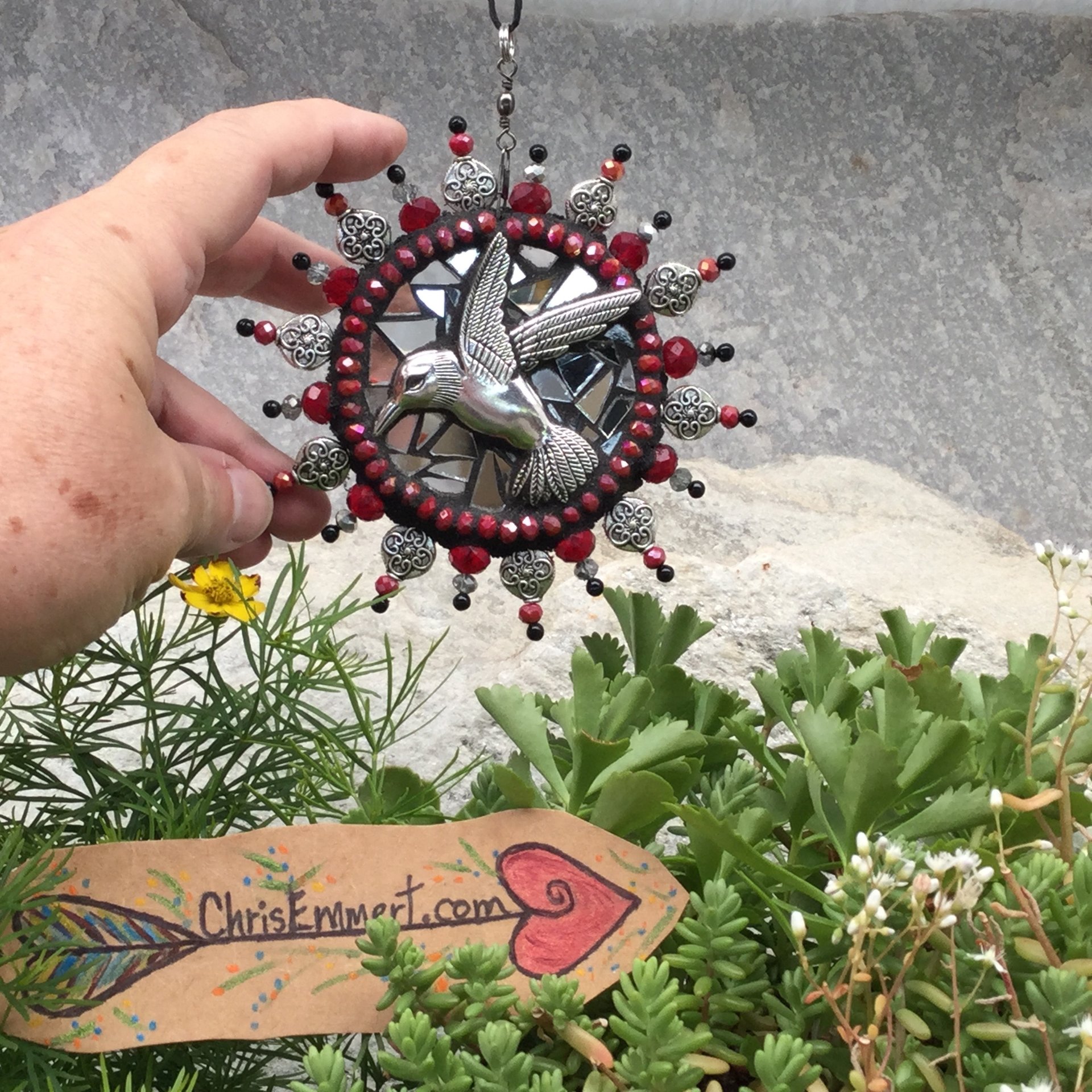 Humming Bird Garden Spinner, Pewter/Red Rays, Home Decor, Garden Decor, Gardening Gift,