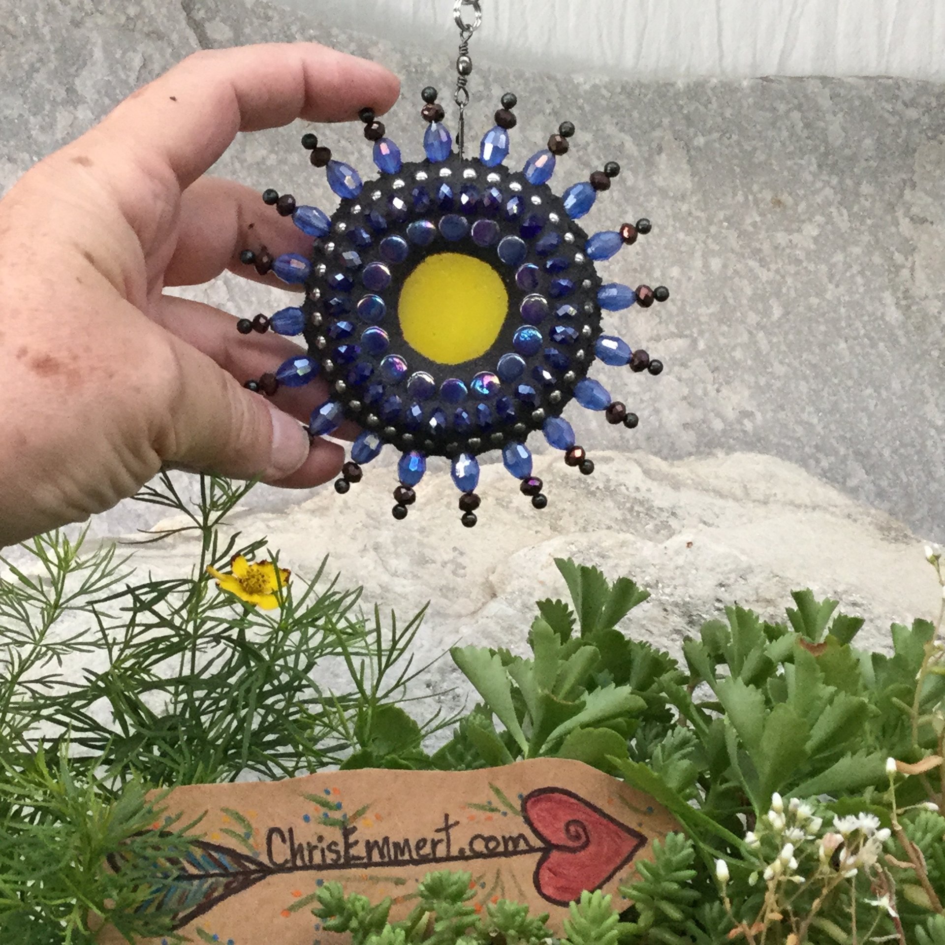 Blue w/Yellow Sun Garden Spinner, Green/Orange Rays, Home Decor, Garden Decor, Gardening Gift,