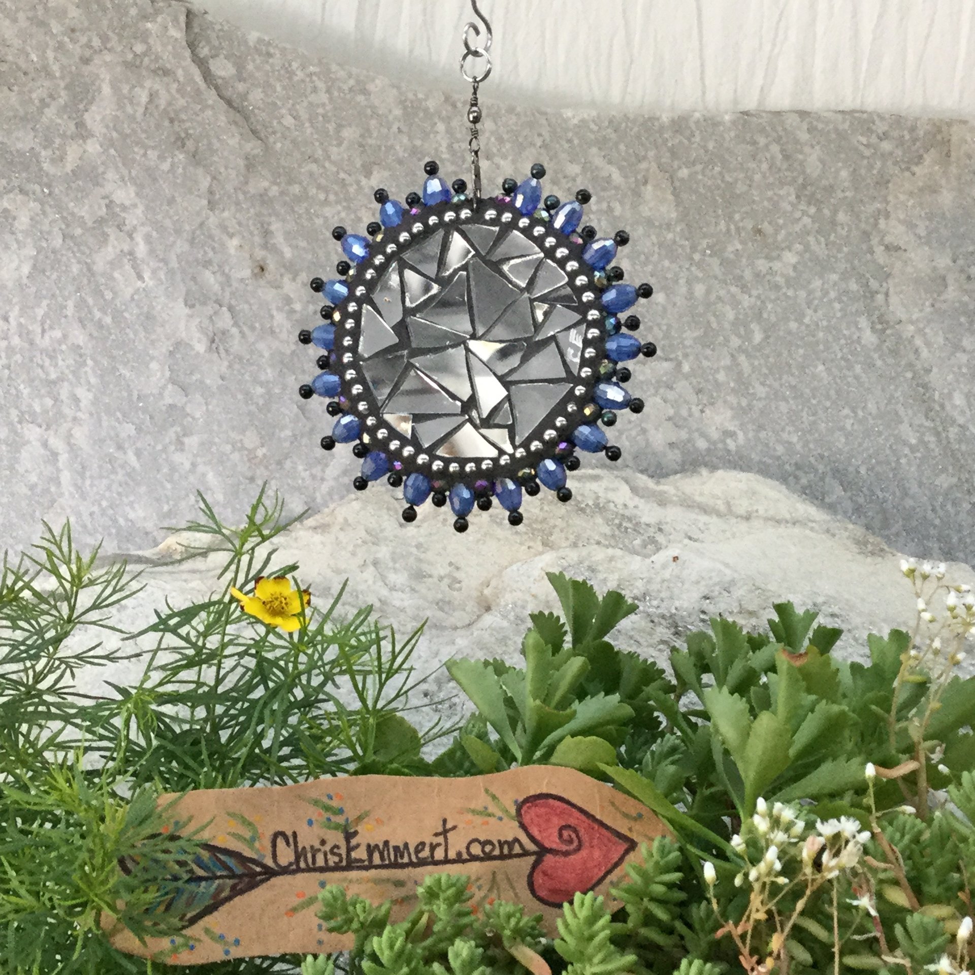 Blue Flower Garden Spinner, Pewter/Red Rays, Home Decor, Garden Decor, Gardening Gift,