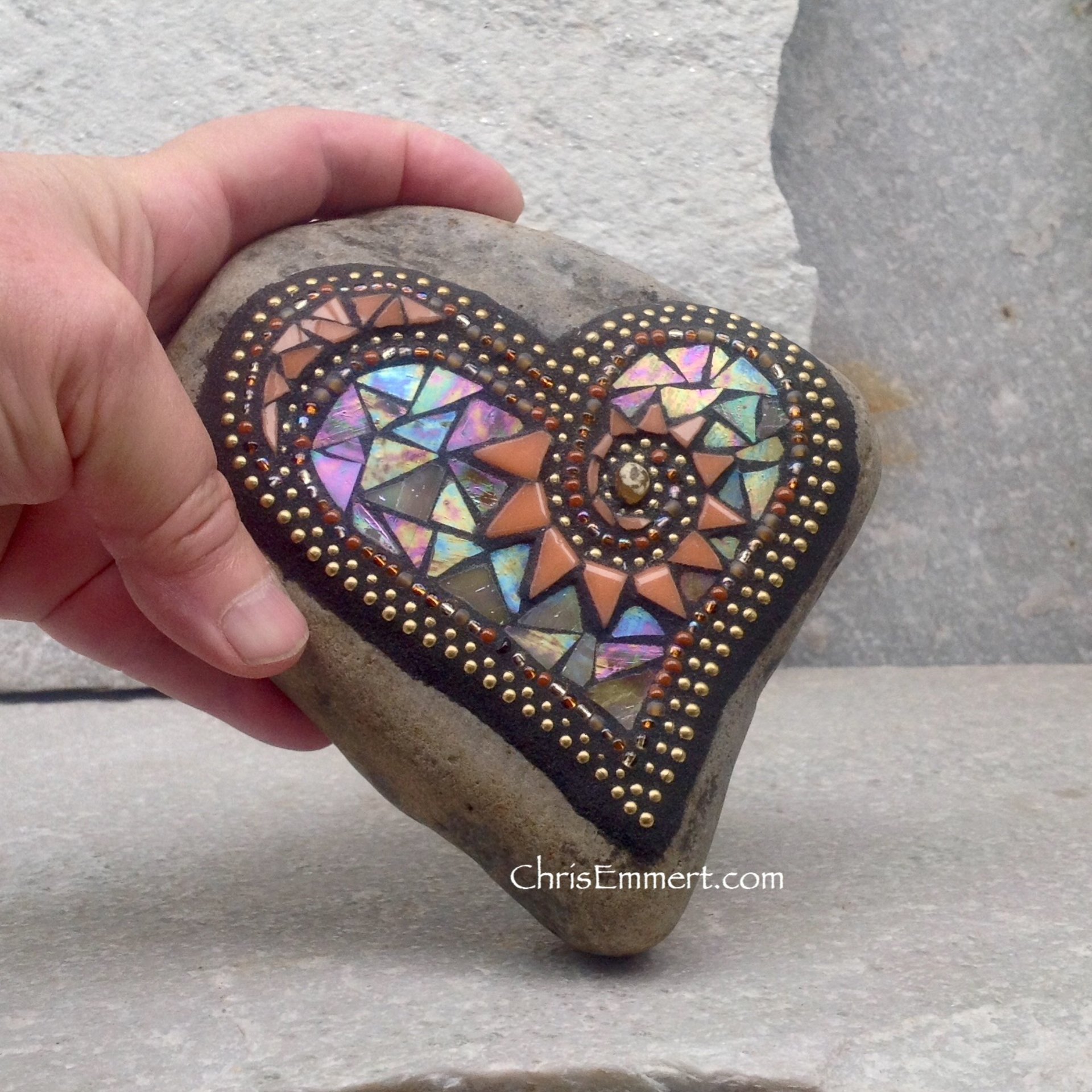 Iridescent Browns Heart w/ Sun Burst  Mosaic -Garden Stone