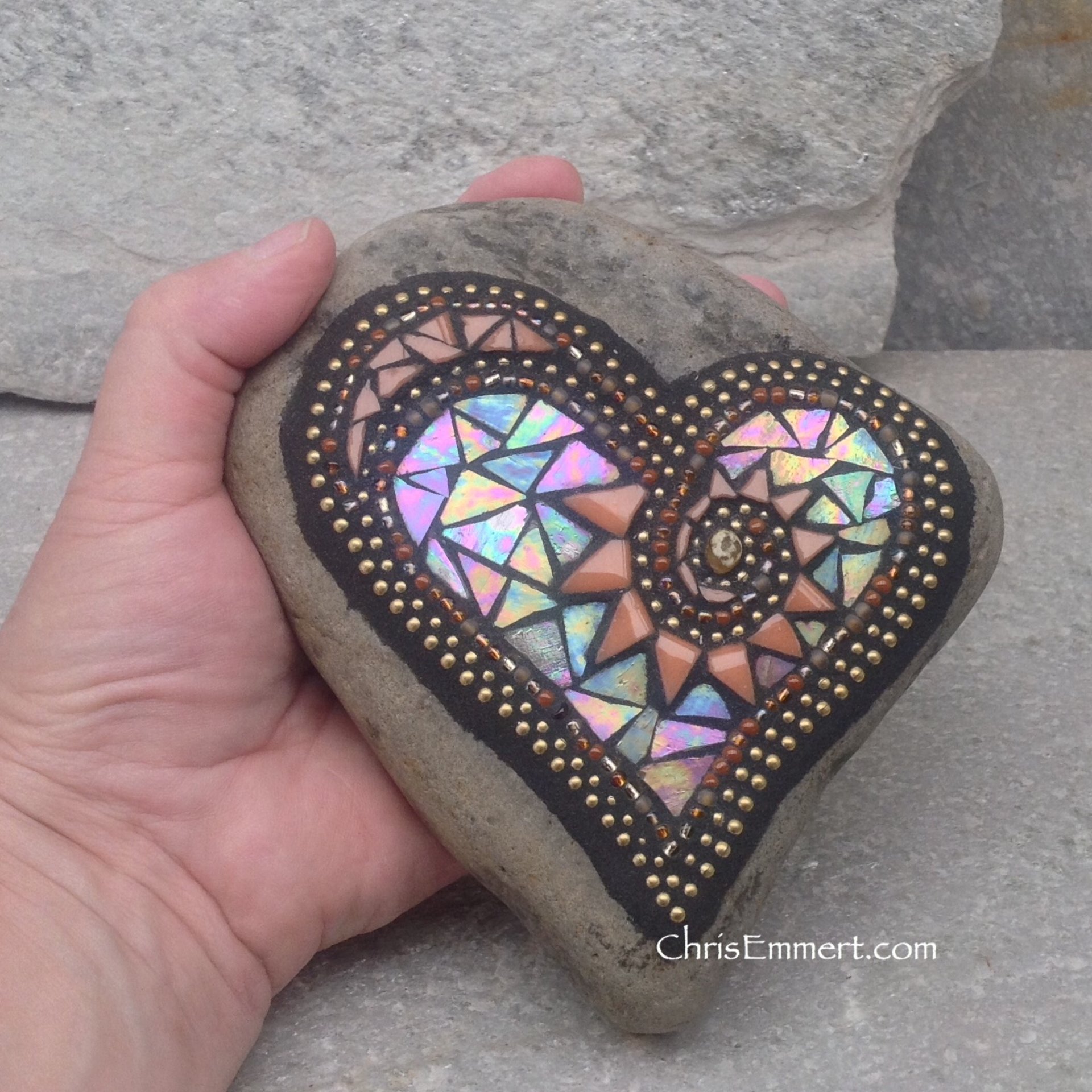 Iridescent Browns Heart w/ Sun Burst  Mosaic -Garden Stone