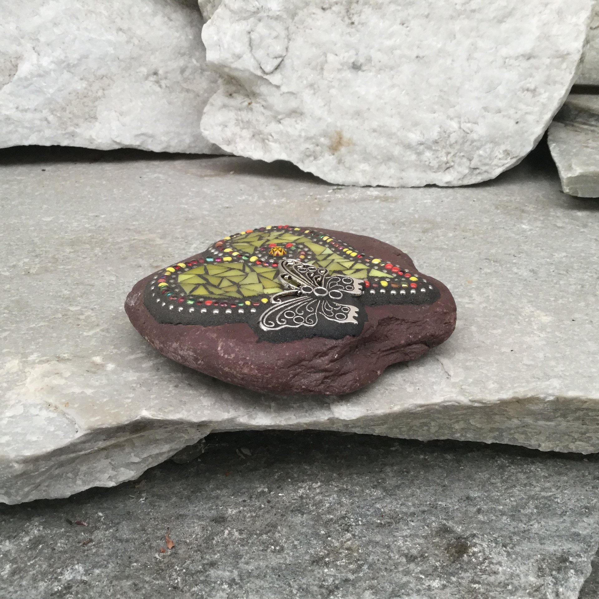 Yellow Mosaic Heart, Mosaic Rock, Mosaic Garden Stone, Home Decor, Gardening Gift,