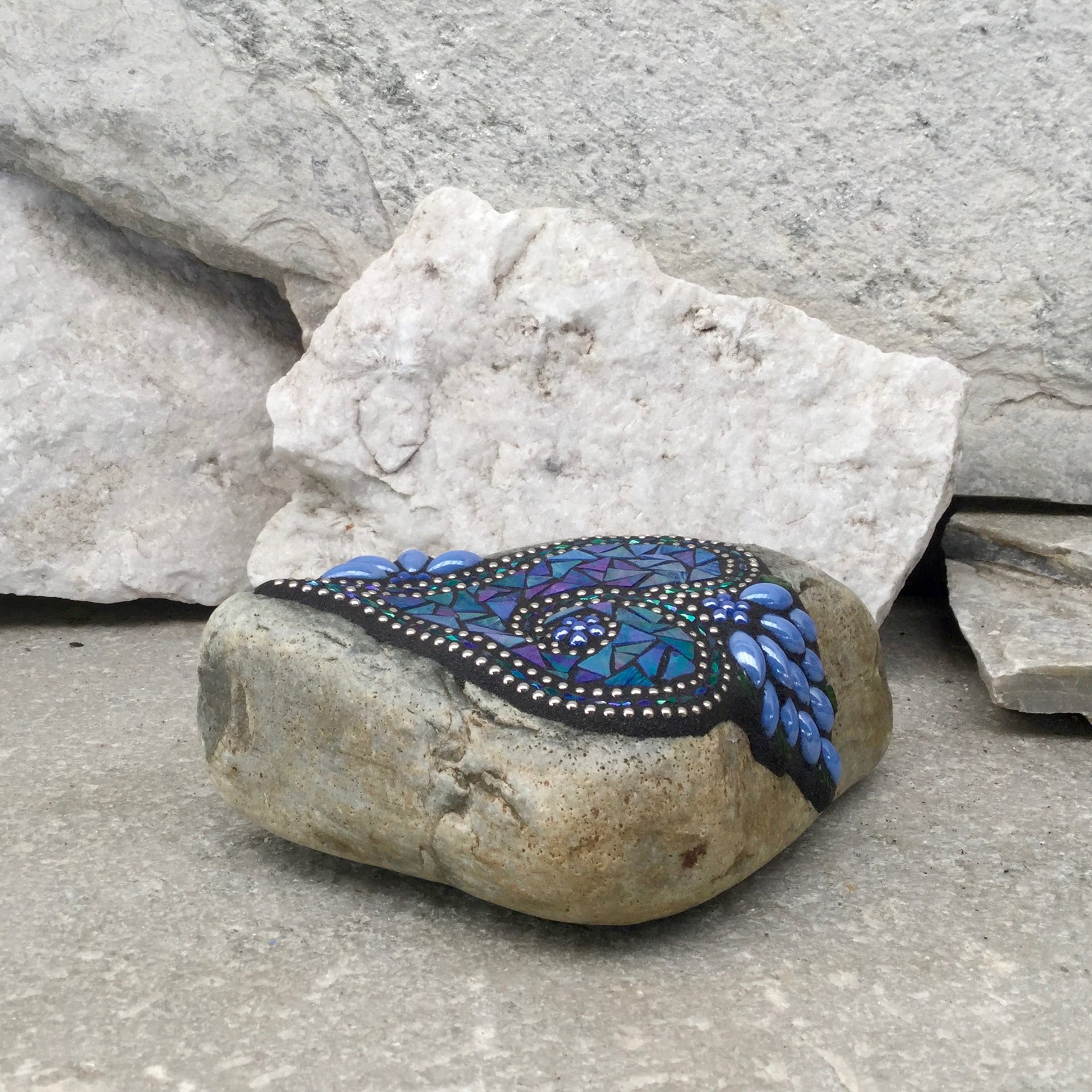 Iridescent Blue Heart, (2) Garden Stone, Mosaic, Garden Decor