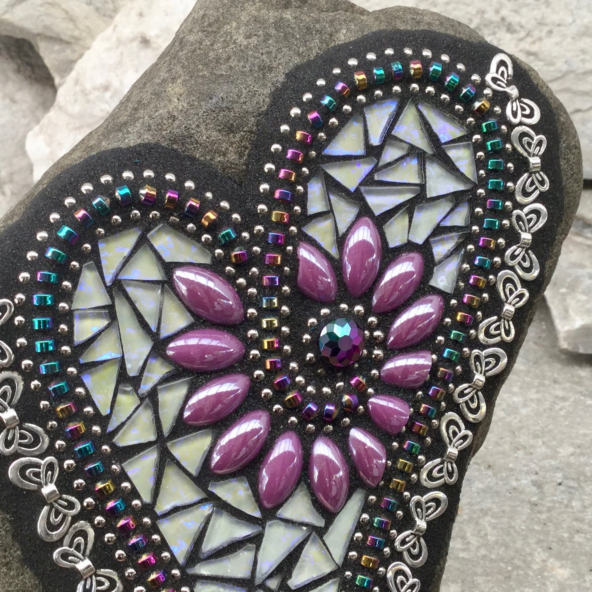 Iridescent Lavender Heart with Butterflies, Garden Stone, Mosaic, Garden Decor