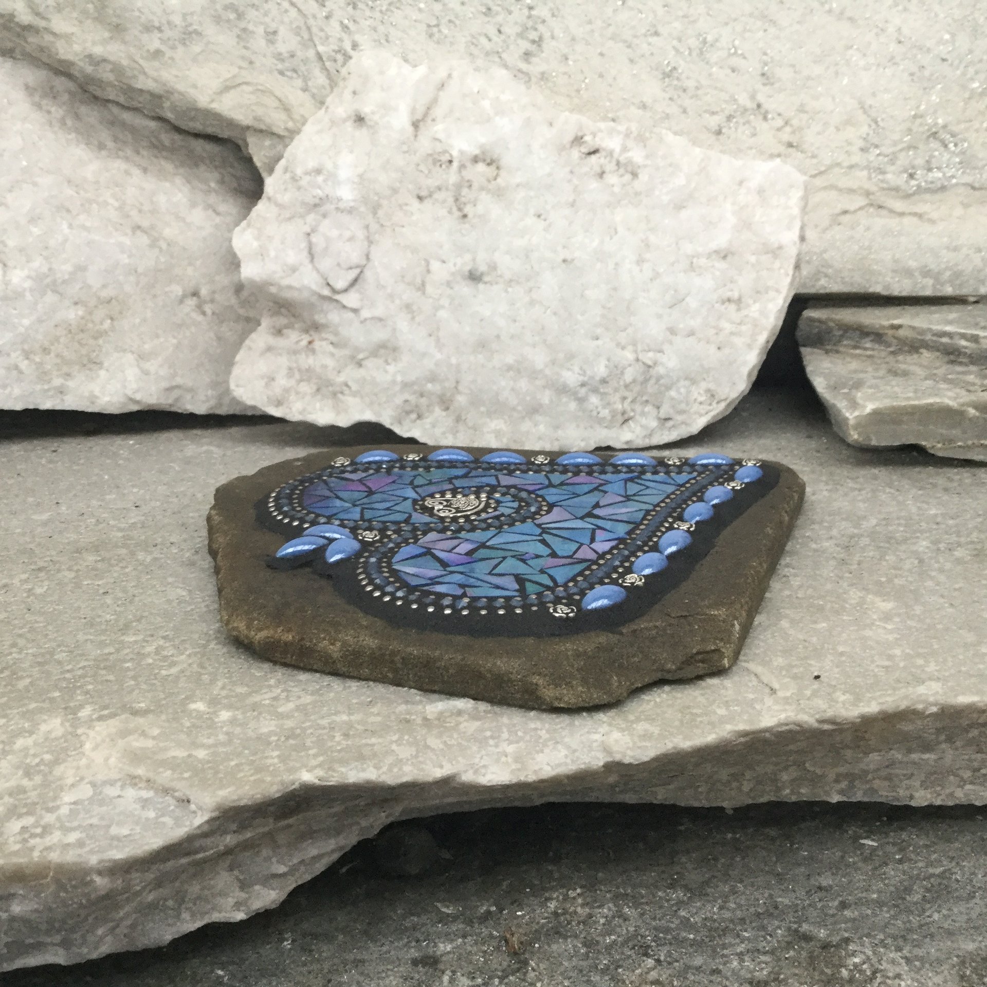 Iridescent Blue Heart, (3) Garden Stone, Mosaic, Garden Decor