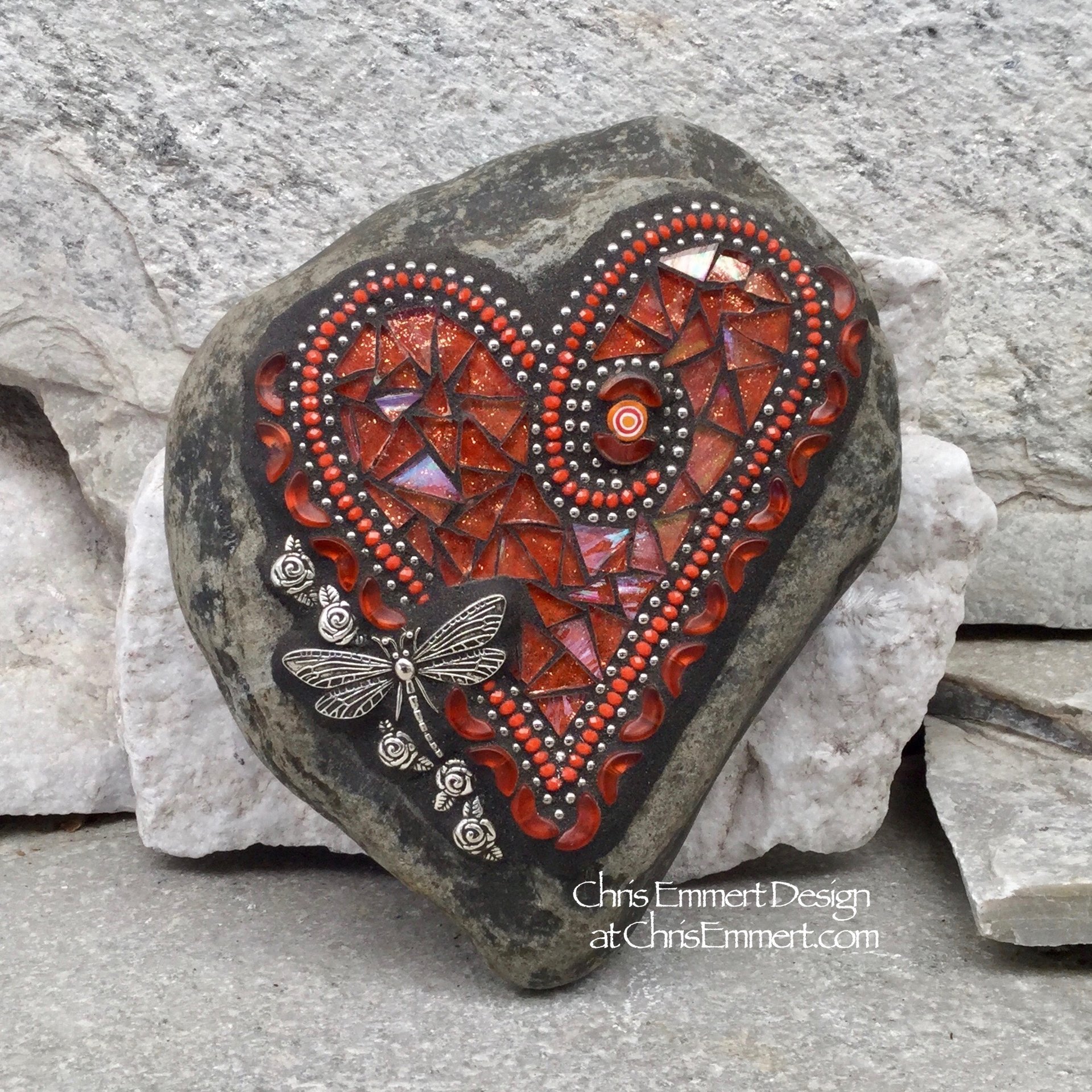 Orange dragonfly mosaic garden stone heart
