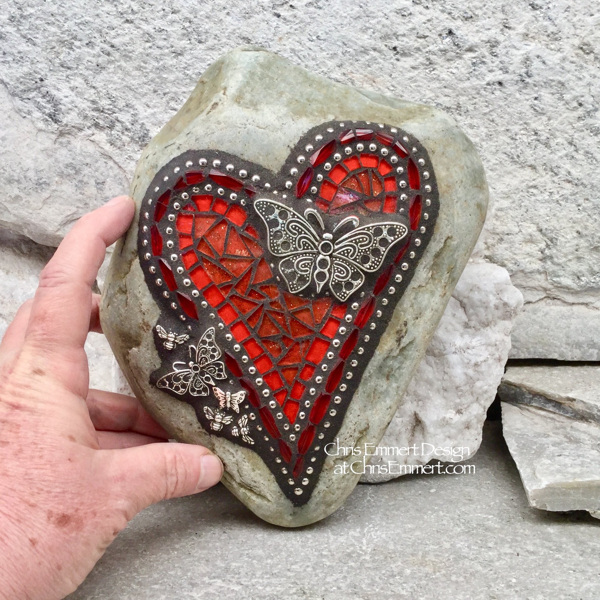 Orange Butterfly Heart, Garden Stone