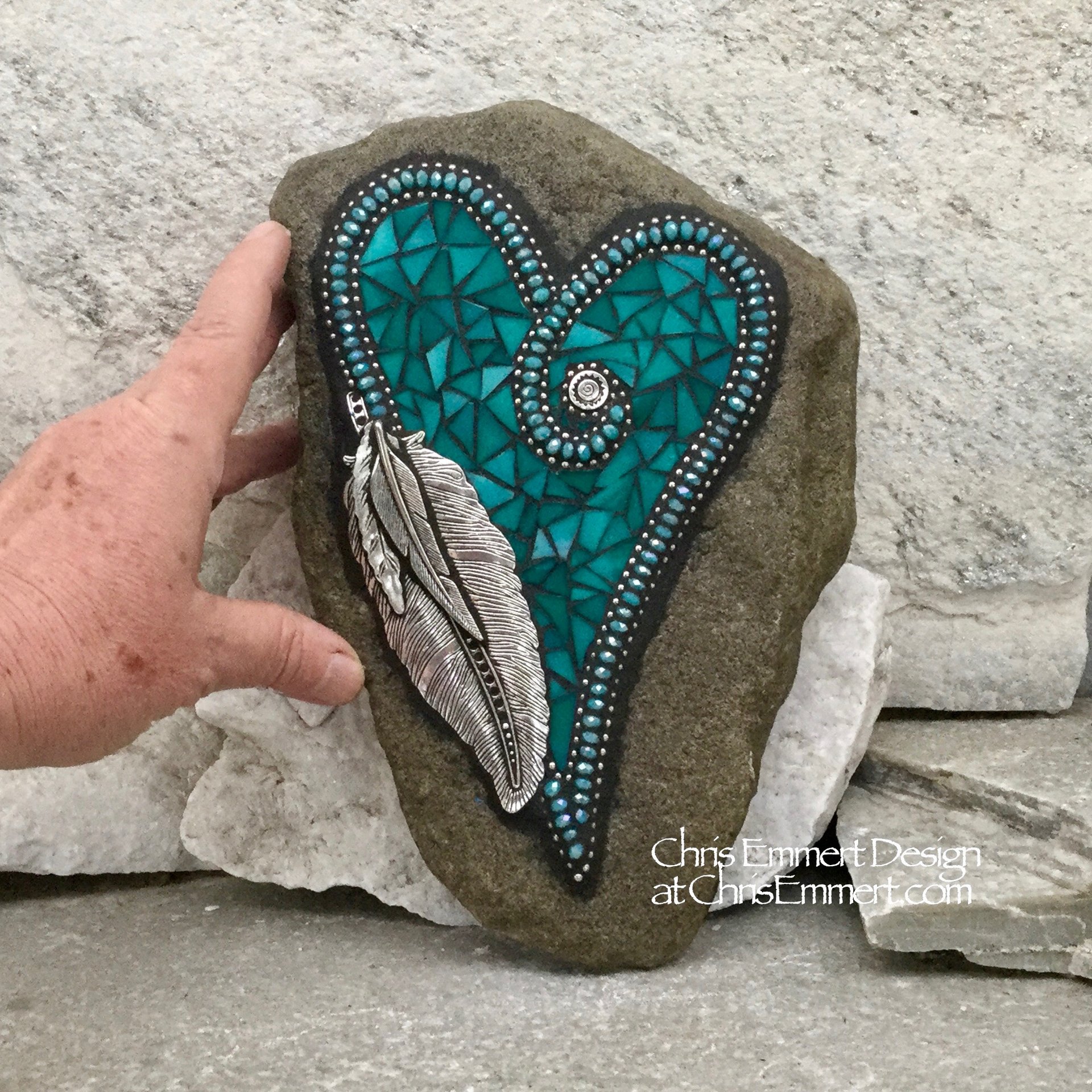 Turquoise Feather Heart, Garden Stone