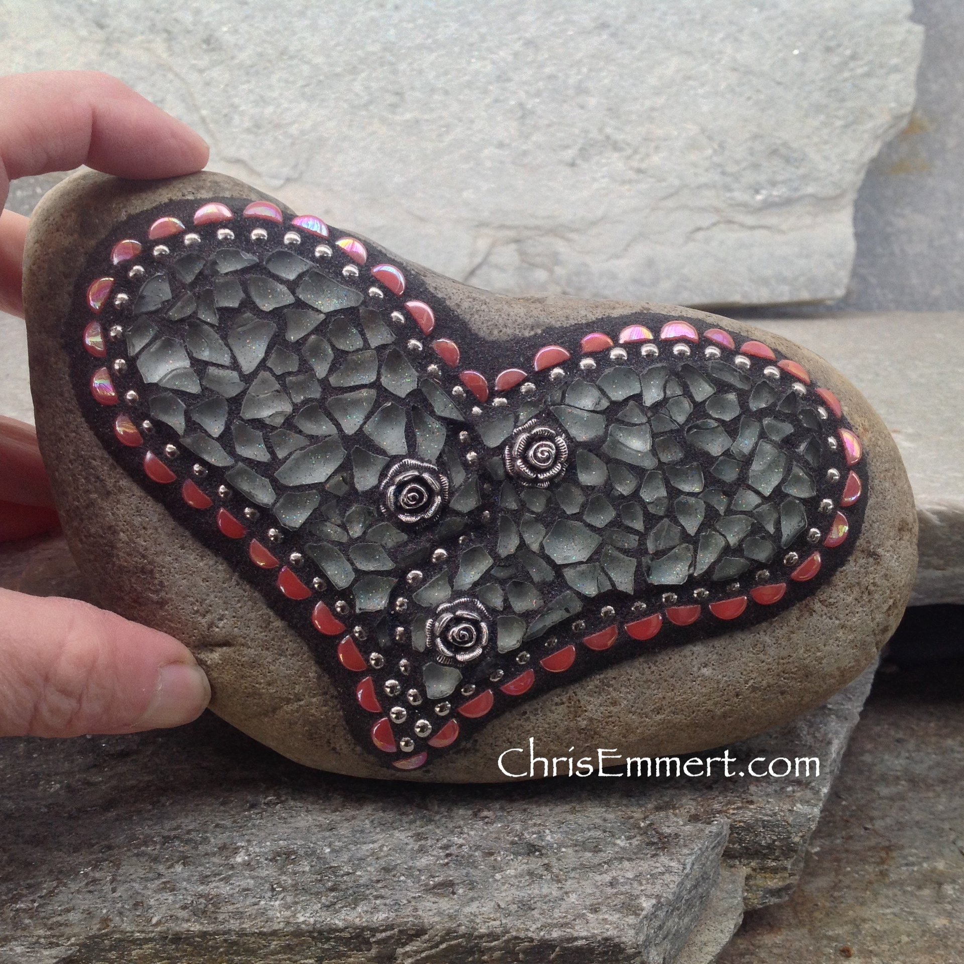 Mosaic Heart, Mosaic Rock, Mosaic Garden Stone, White, Home Decor, Gardening, Gardening Gift,