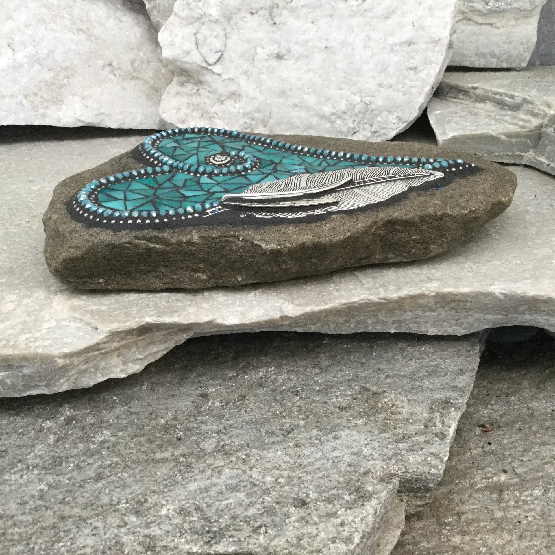 Turquoise Feather Heart, Garden Stone