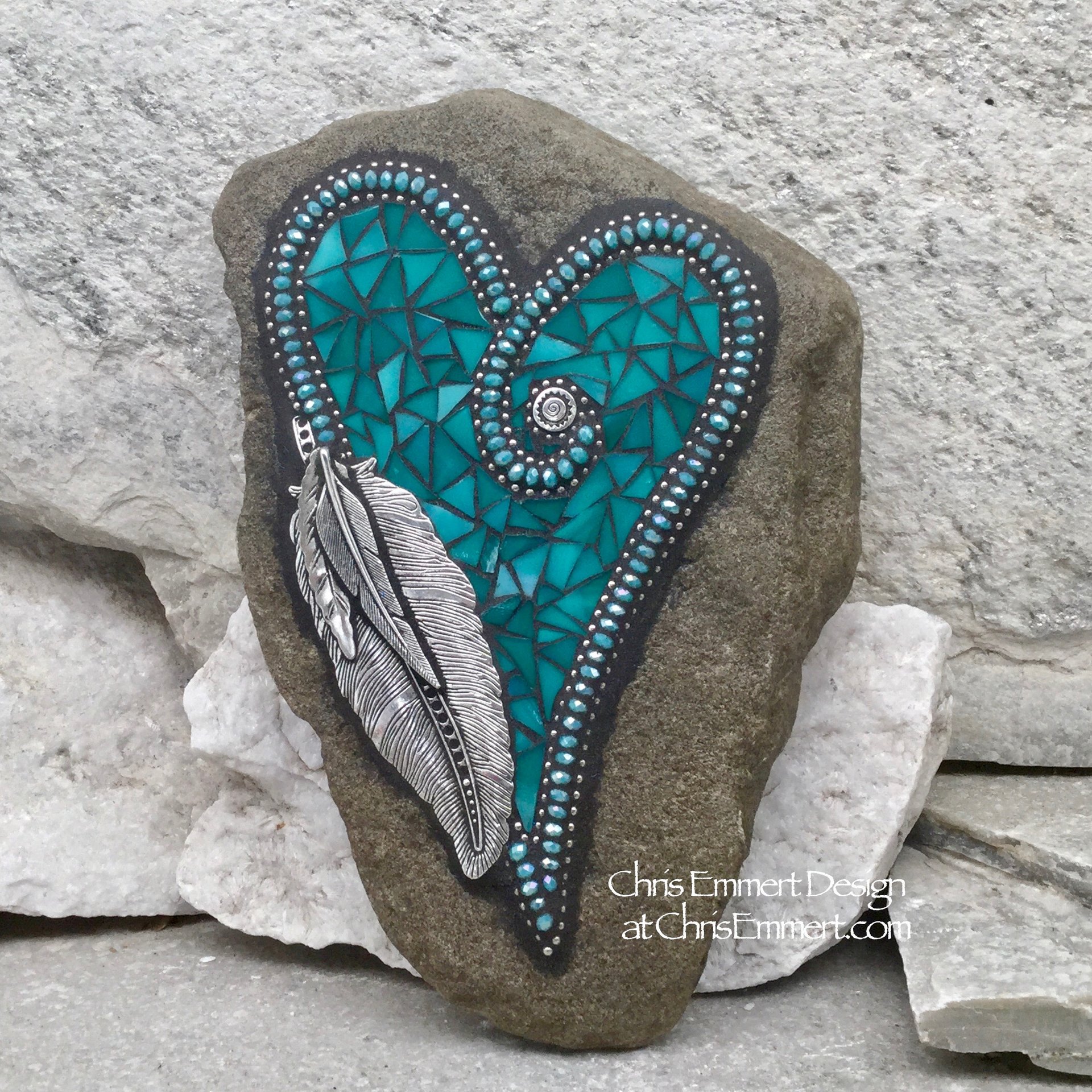 Turquoise Mosaic Heart Garden Stone with pewter feather