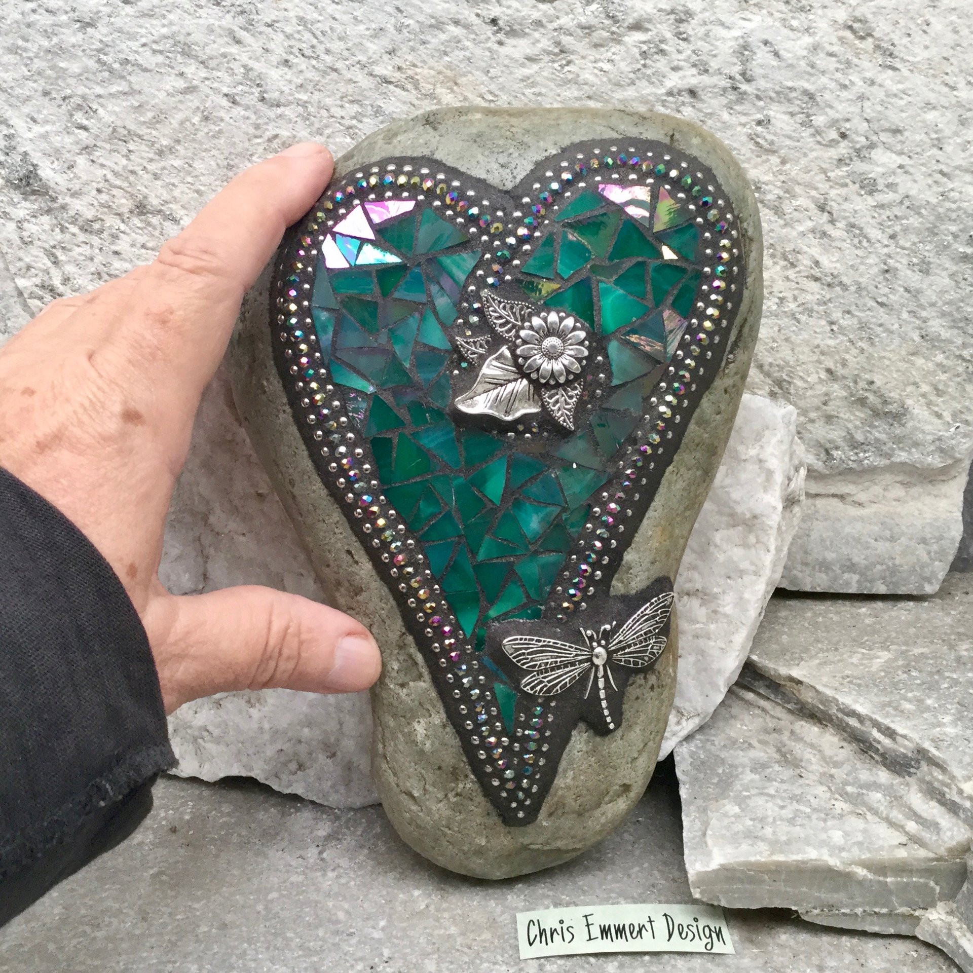 Dragonfly Iridescent Green Heart, Garden Stone, Mosaic, Garden Decor