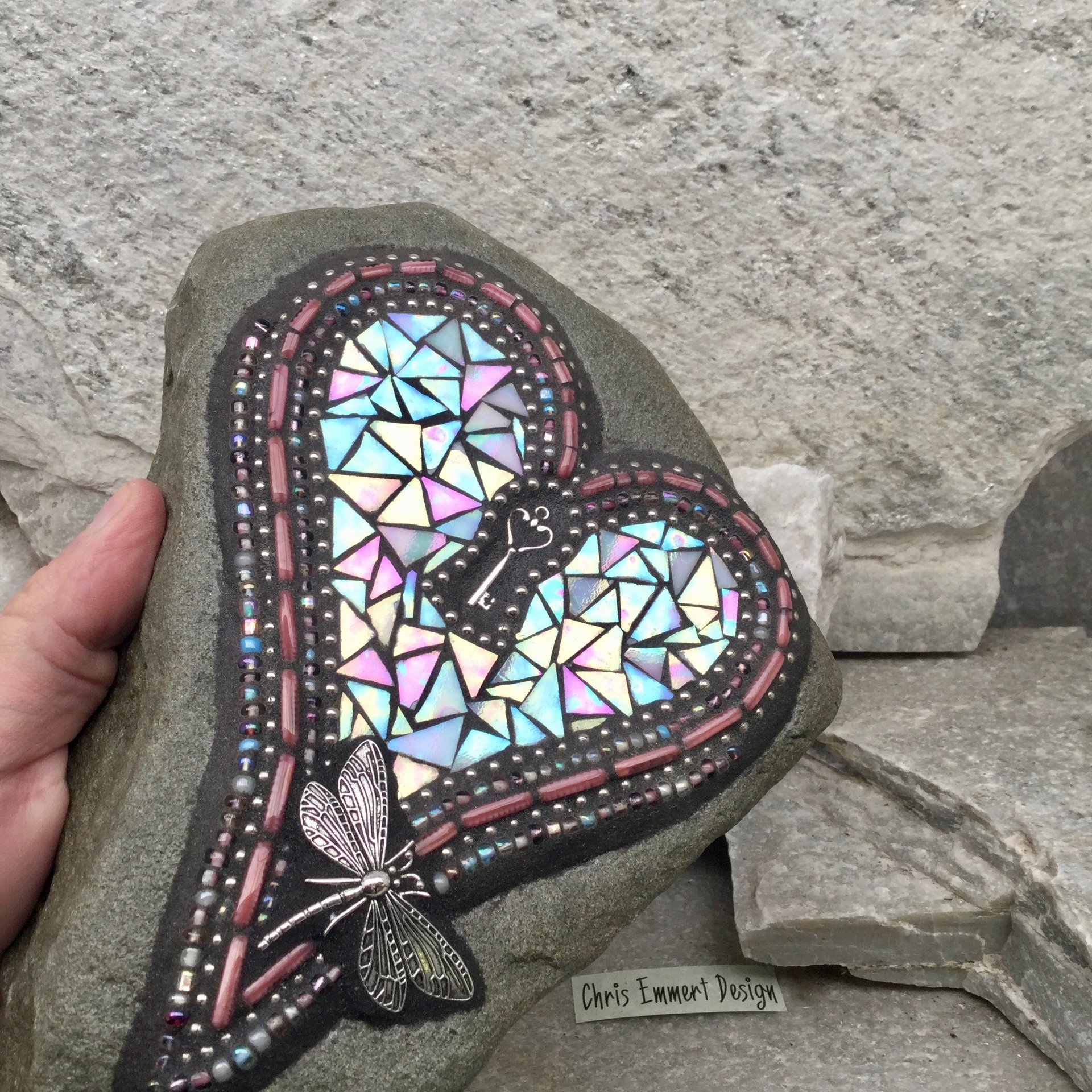 Dragonfly Iridescent Lavender/White Heart with Key, Garden Stone, Mosaic, Garden Decor