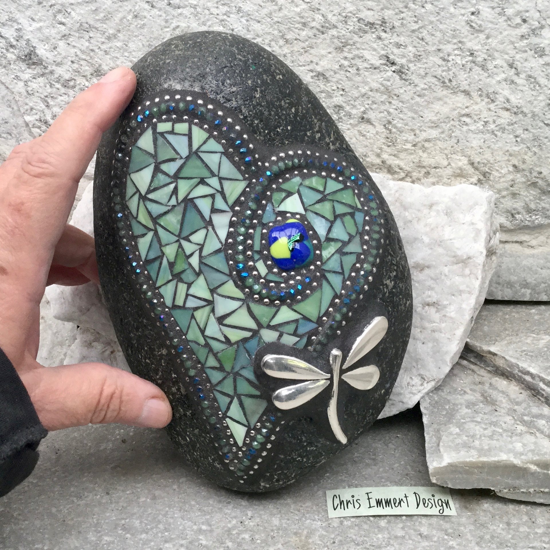 Dragonfly Dusty Green Heart, Garden Stone, Mosaic, Garden Decor