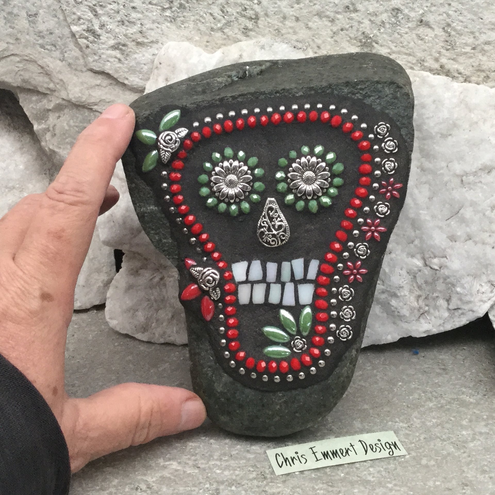 Black Skull / Day of the Dead / Skull Mosaic  / Garden Stone
