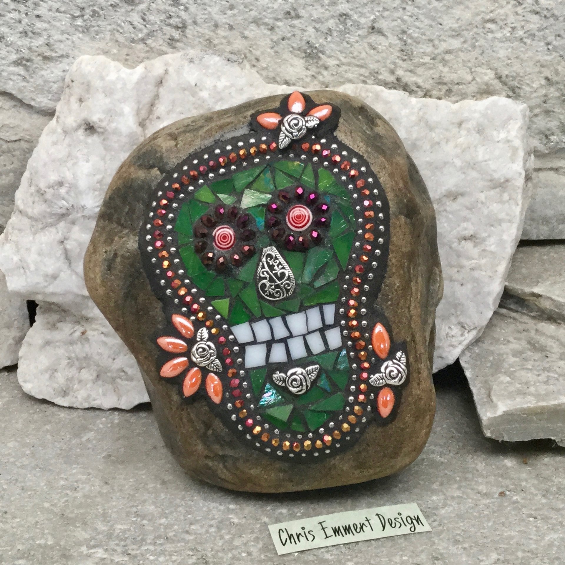 Iridescent Green Skull / Day of the Dead / Skull Mosaic  / Garden Stone