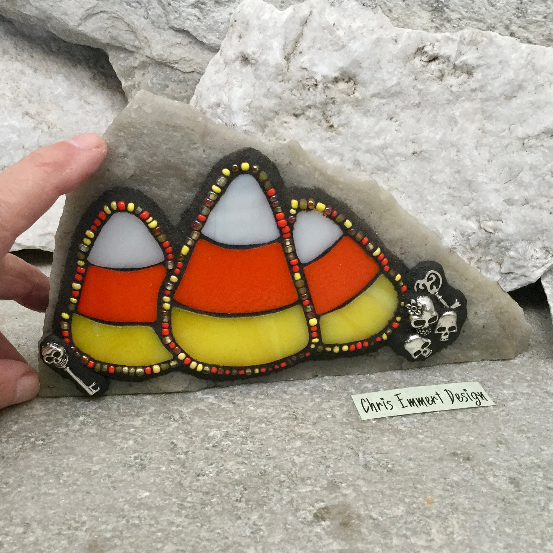 3 Candy Corn Mosaic on White Stone / Garden Stone