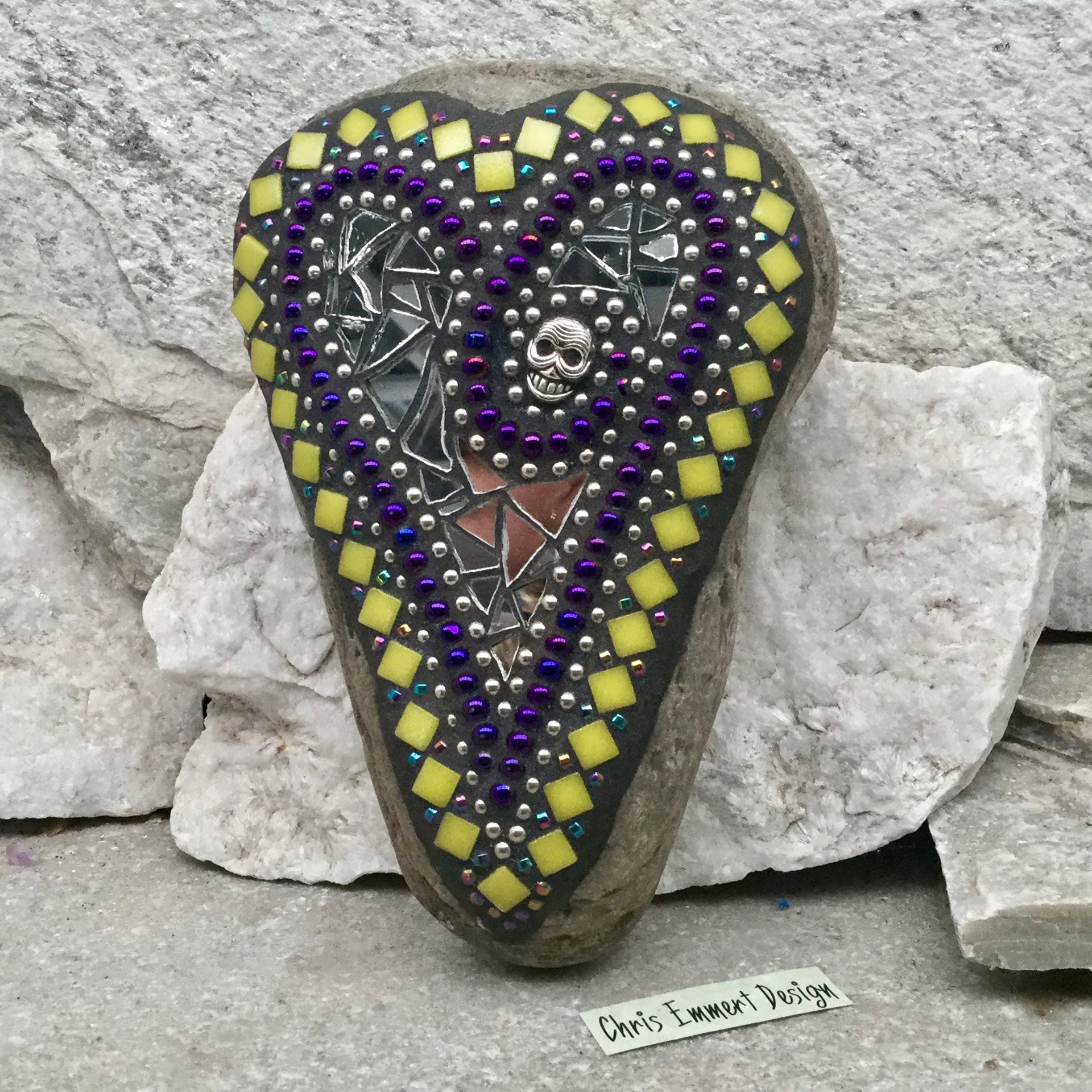 Skull Mirror Heart, Mosaic, Garden Stone,  Gardener Gift, Home Decor, Garden Decor Yellow