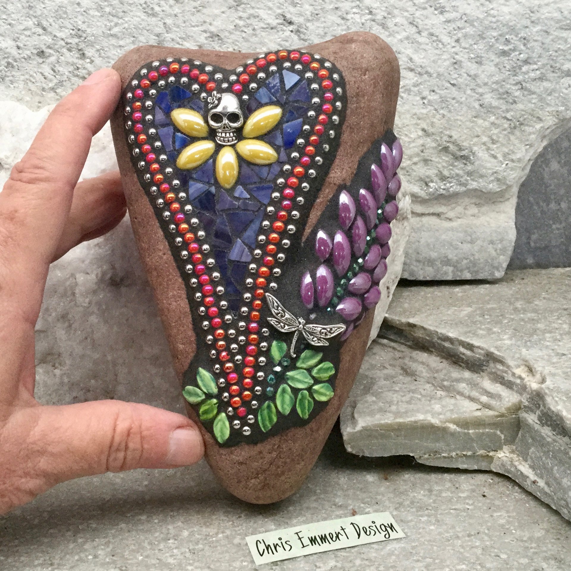 Skull Heart, Mosaic, Garden Stone,  Gardener Gift, Home Decor, Garden Decor, Dragonfly